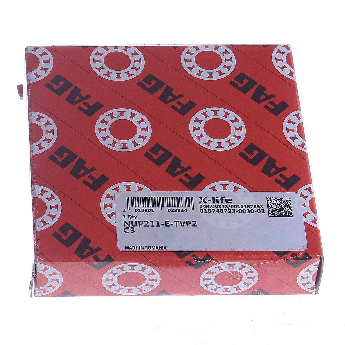 FAG Bearings NUP211E-TVP2-C3 Single Row Cylindrical Roller Bearing, Straight Bore, Removable Inner Ring, Two Piece, High Capacity, C3 Clearance, Metric, 55mm ID, 100mm OD, 21mm Width