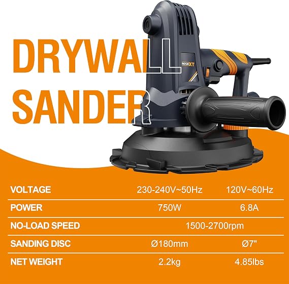 MAXXT 7 Variable Speed Handheld Drywall Sander with Soft Start & Self-Suction, 1500-2700 RPM for Precision Sanding, Wall Sander with Edge Attachment, 4.8lb Lightweight popcorn ceiling removal tool