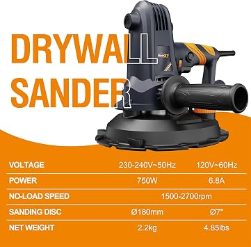 MAXXT 7 Variable Speed Handheld Drywall Sander with Soft Start & Self-Suction, 1500-2700 RPM for Precision Sanding, Wall Sander with Edge Attachment, 4.8lb Lightweight popcorn ceiling removal tool