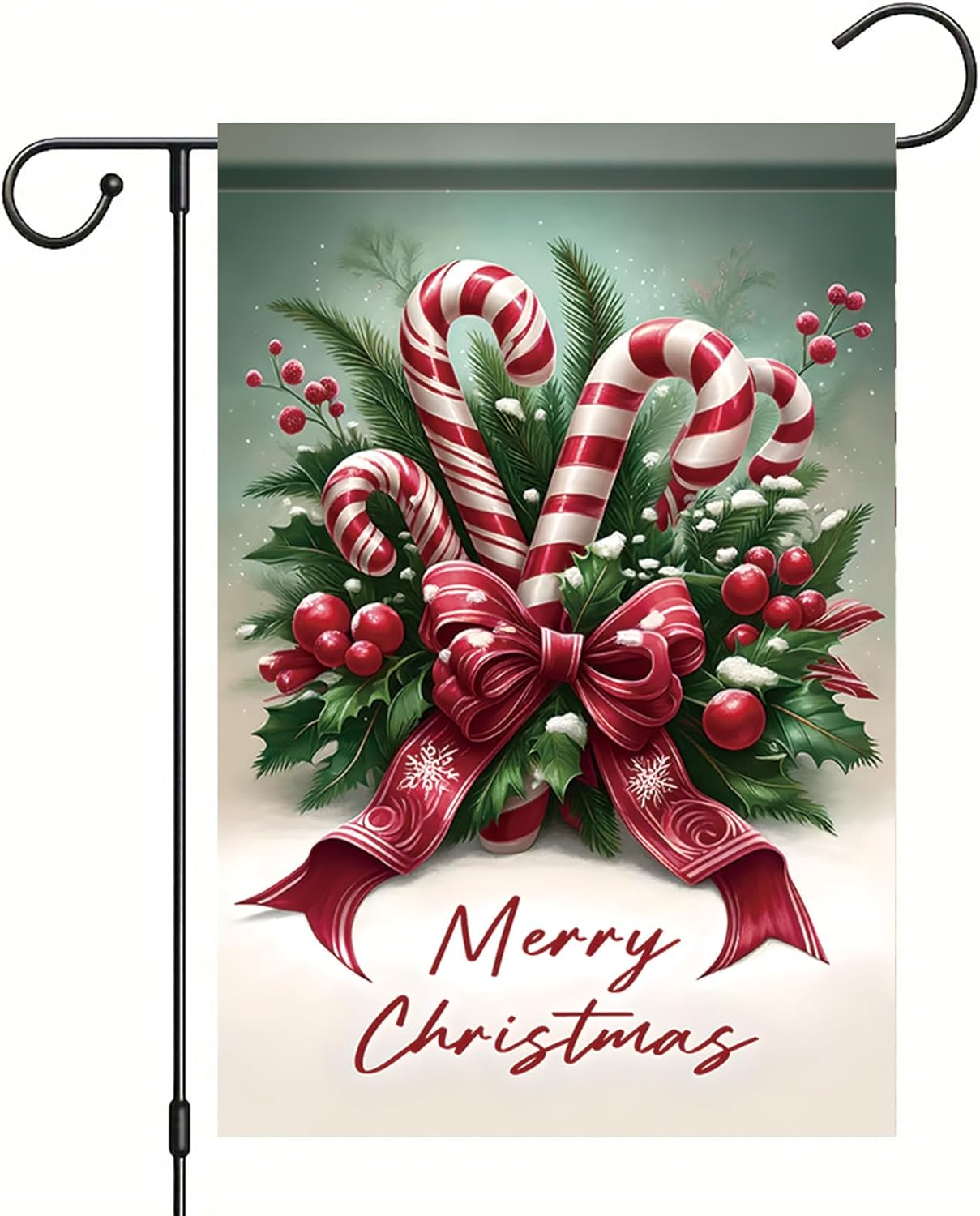 Christmas Candy Cane Garden Flag 12x18 Inch Winter Red Bow and Berries Design Outdoor Holiday Yard Banner Double Sided Winter House Flag Festive Garden Decoration Seasonal Home Decor