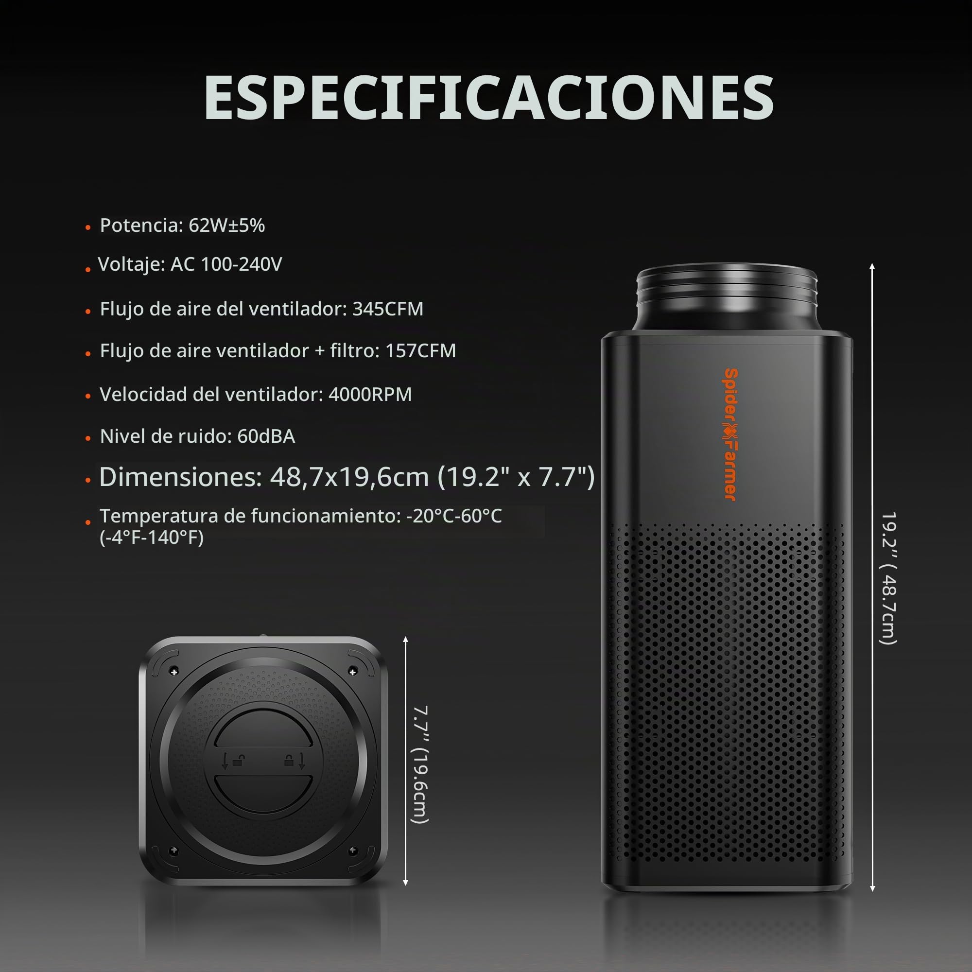 SPIDER FARMER 2 en 1 Filtro de Carbón Activo con Ventilador de Extracción, Ventilador de Conducto de 150 mm/6", 62W, 345 CFM, con Controlador RJ12 para Tienda de Cultivo | Controlador de velocidad RJ12, diseño todo en uno, motor EC 345CFM, filtro de carbó