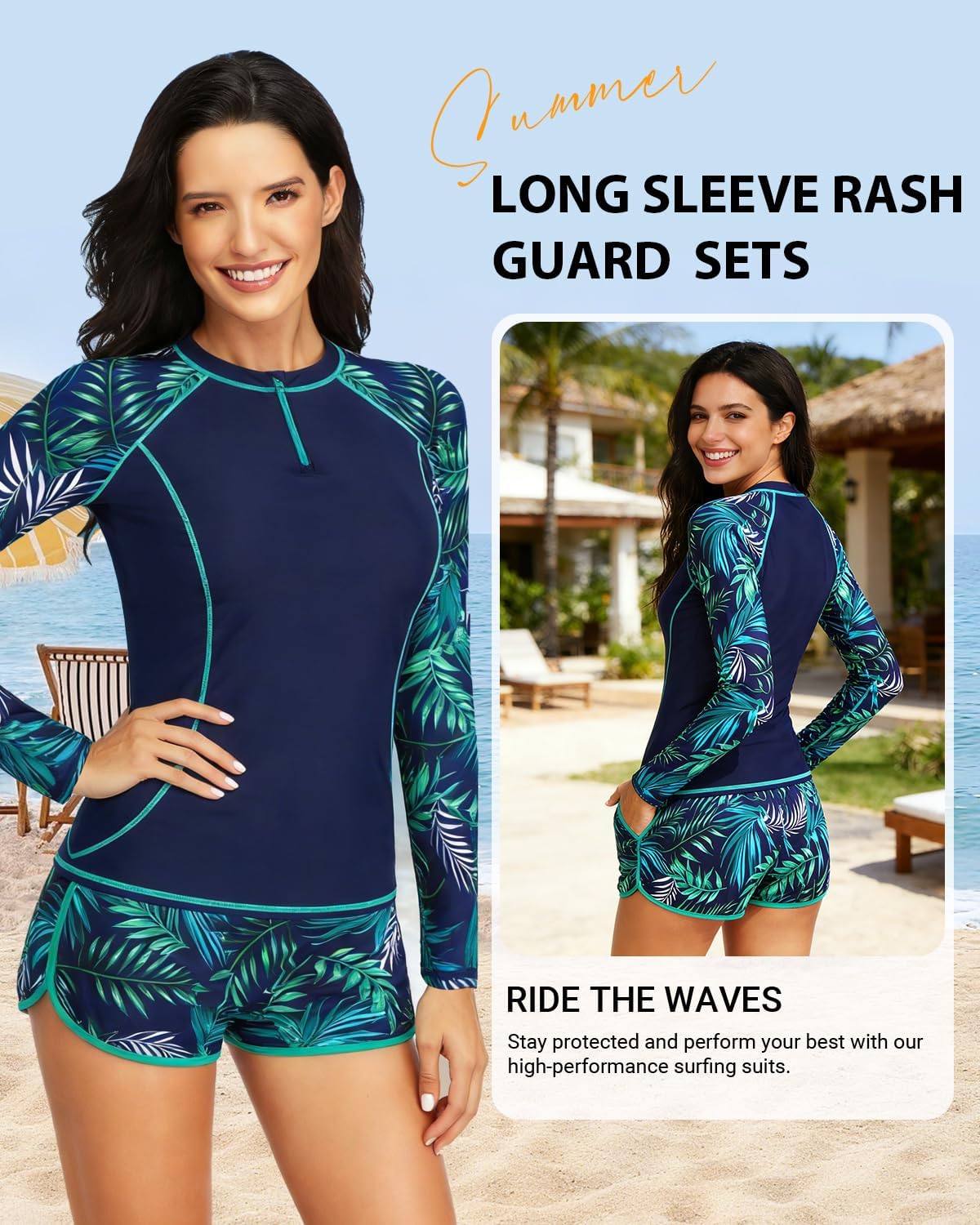 Womens Rash Guard Long Sleeve-Two Piece Swimsuit with Built in Bra Zip Front Swim Shirt and Shorts with Pockets - Image 5
