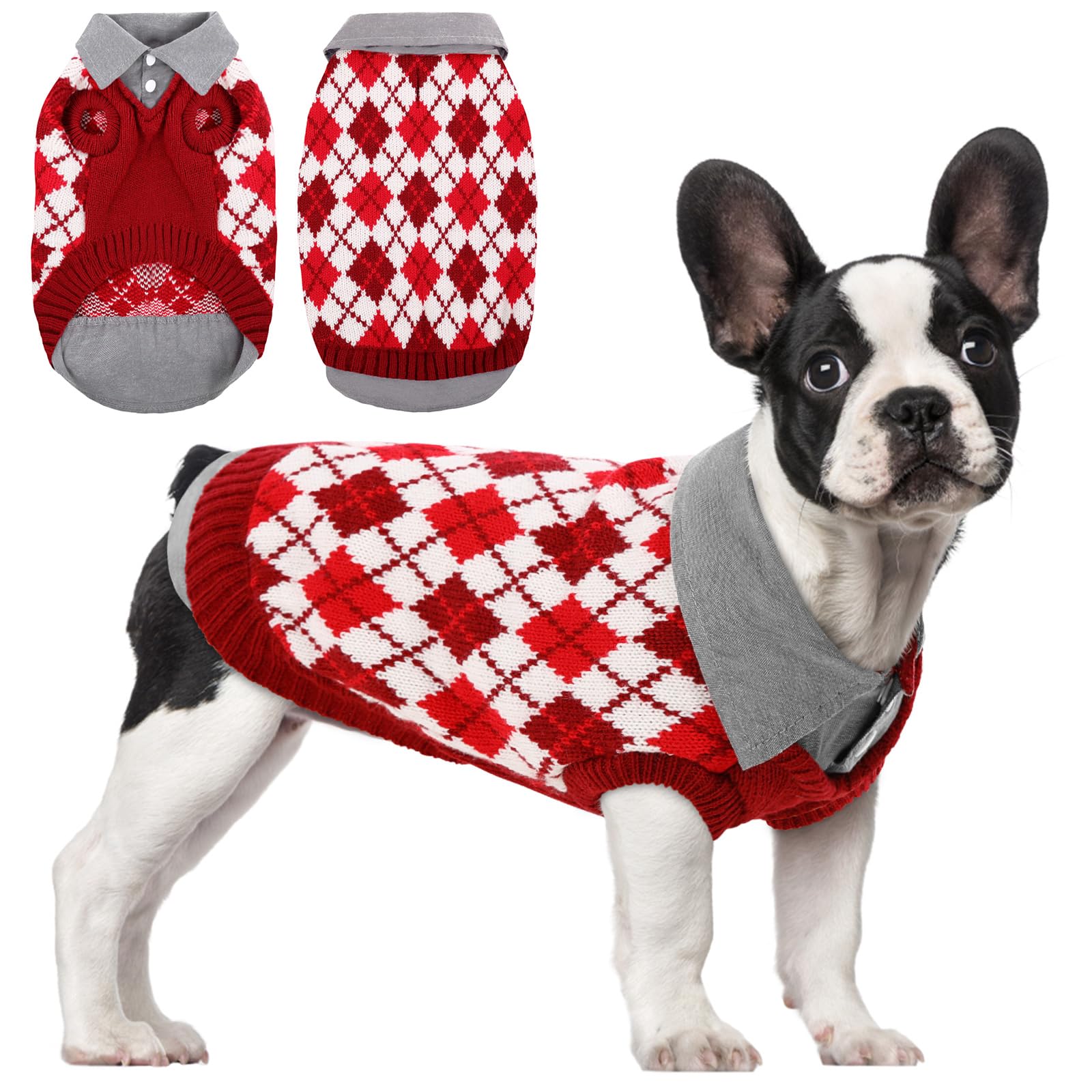 ASENKU Dog Warm Sweater, Puppy Knit Sweater, Soft Winter Pullover for Small Dogs, Turtleneck Plaid Dogs Outfits, Cute Shirt with Leash Hole for Small Medium Dogs Cats, Red, L