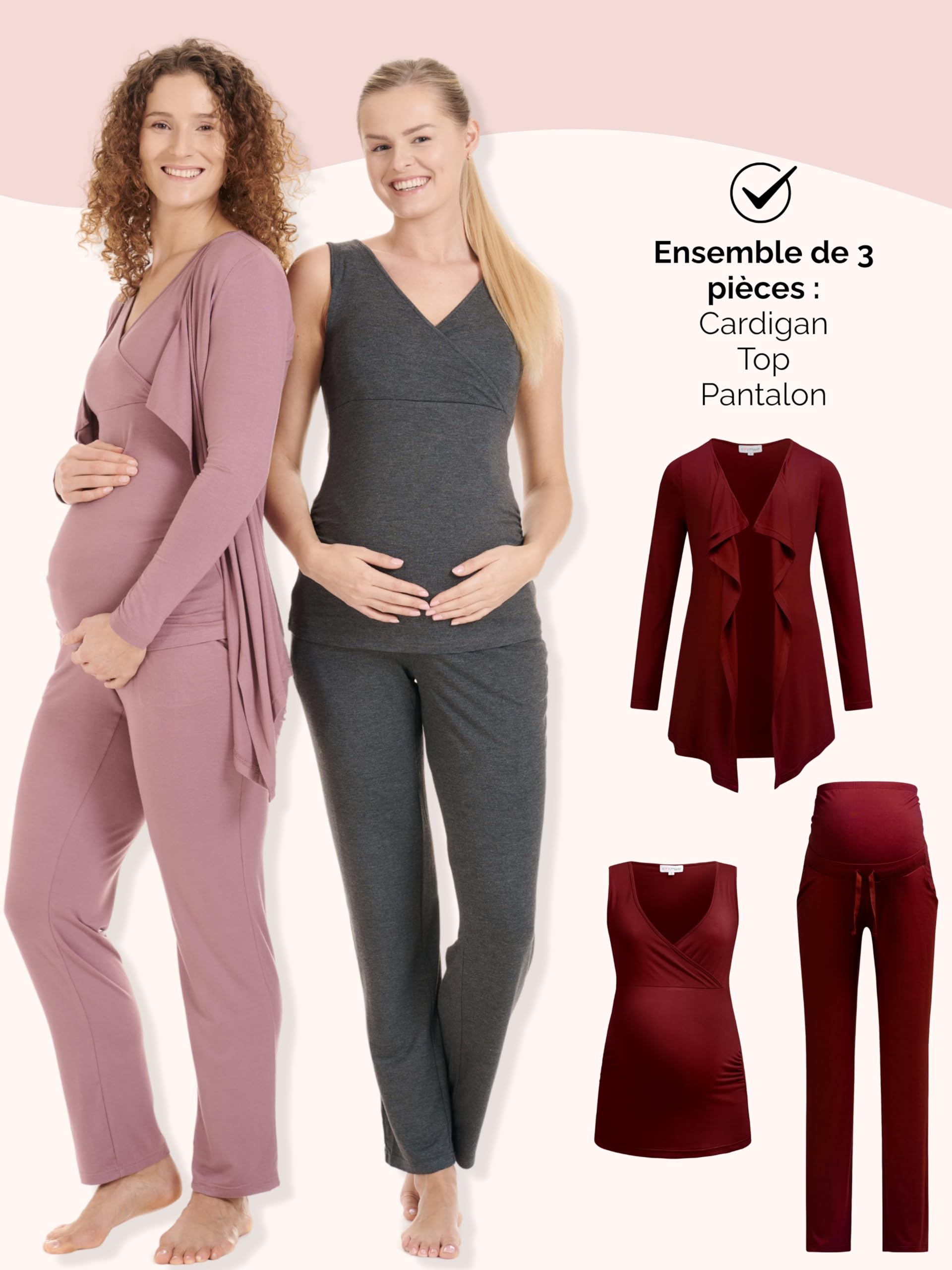 Herzmutter Pyjama Grossesse - Pyjama Allaitement - Trois Pieces - Vêtement de Détente pour Femme Enceinte - Trois Pieces - Pyjama Ensemble Maternité - Pantalon-Haut-Cardigan - 8100