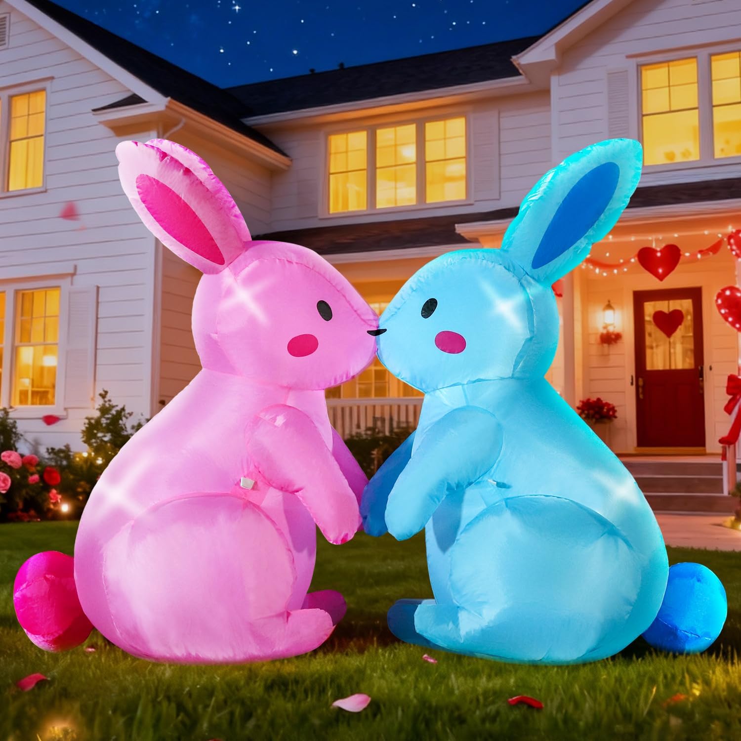 Domkom 6FT Long Kissing Valentines Day&Easter Inflatable Bunnies Outdoor Decorations, Build-in LED Lights Holiday Blow Up Yard Decoration, for Easter&Valentine's Day, Outdoor,Garden, Yard Lawn Décor - Image 3
