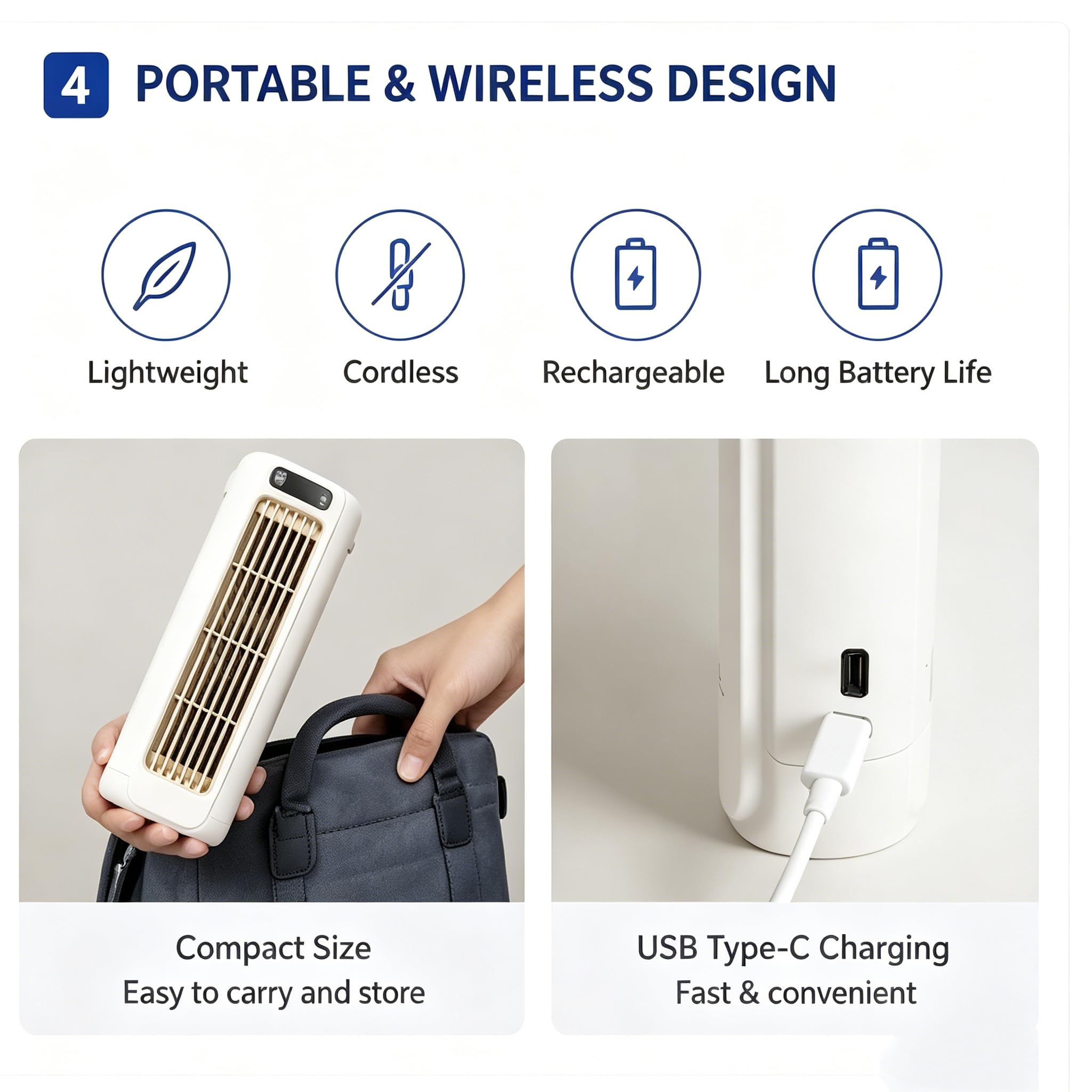 Cooling Ace Klimaanlage, Luftkühlung Ventilator Leise mit Einstellbaren 3 Geschwindigkeiten, Tragbarer kabelloser Ventilator Flügellos Leise für Schlafzimmer Büro Zuhause (Grau)