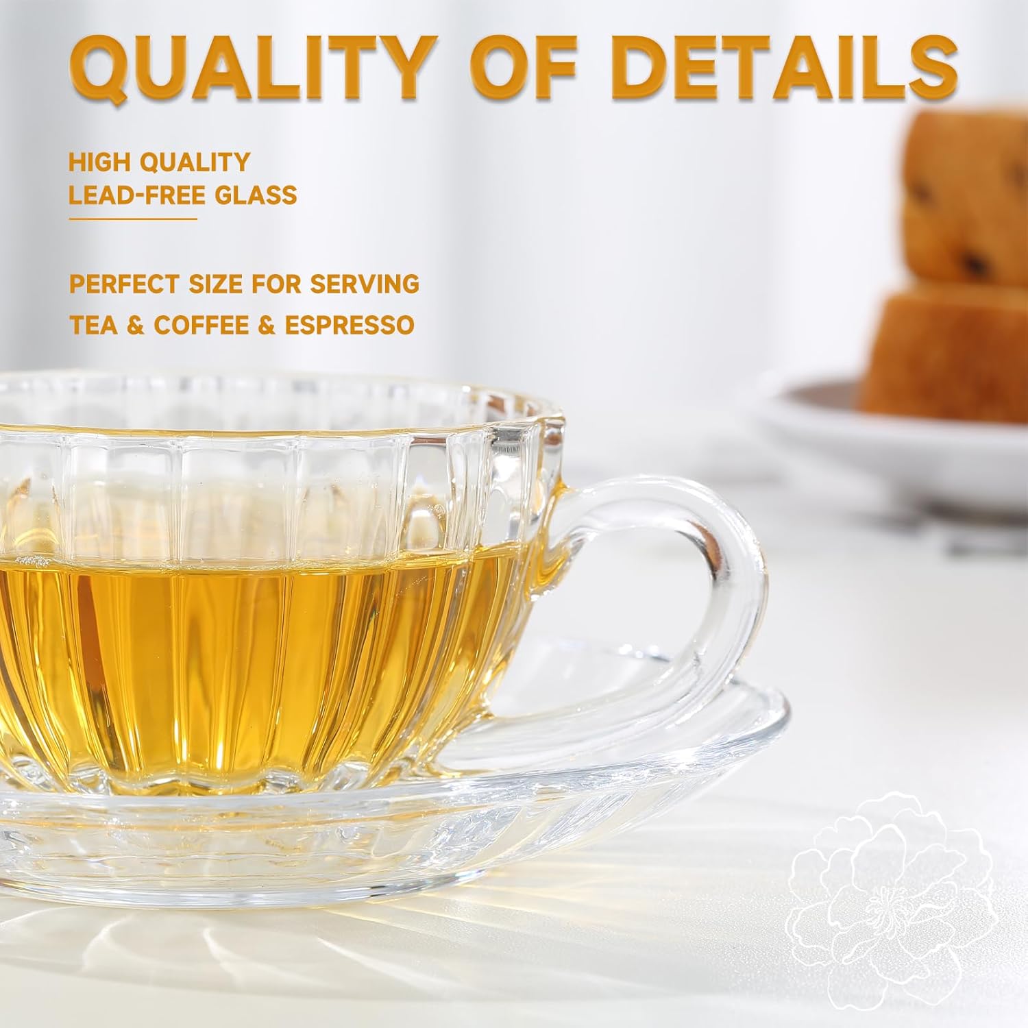 Glass Tea Cups and Saucers Set of 6, Clear Coffee Mugs with Stainless Steel Spoon, Dishwasher & Microwave Safe Teacups for Espresso Cappuccino Latte Tea Juice, 6OZ/180ML