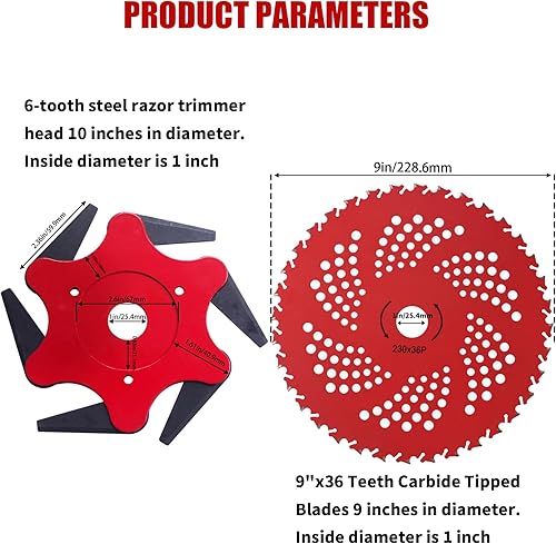 Miniatura 2 de Cuchillas con punta de carburo de 9 pulgadas x 36 dientes y cabezal de recortadora de acero, 6 maquinillas de afeitar de acero 65Mn, cabezal de