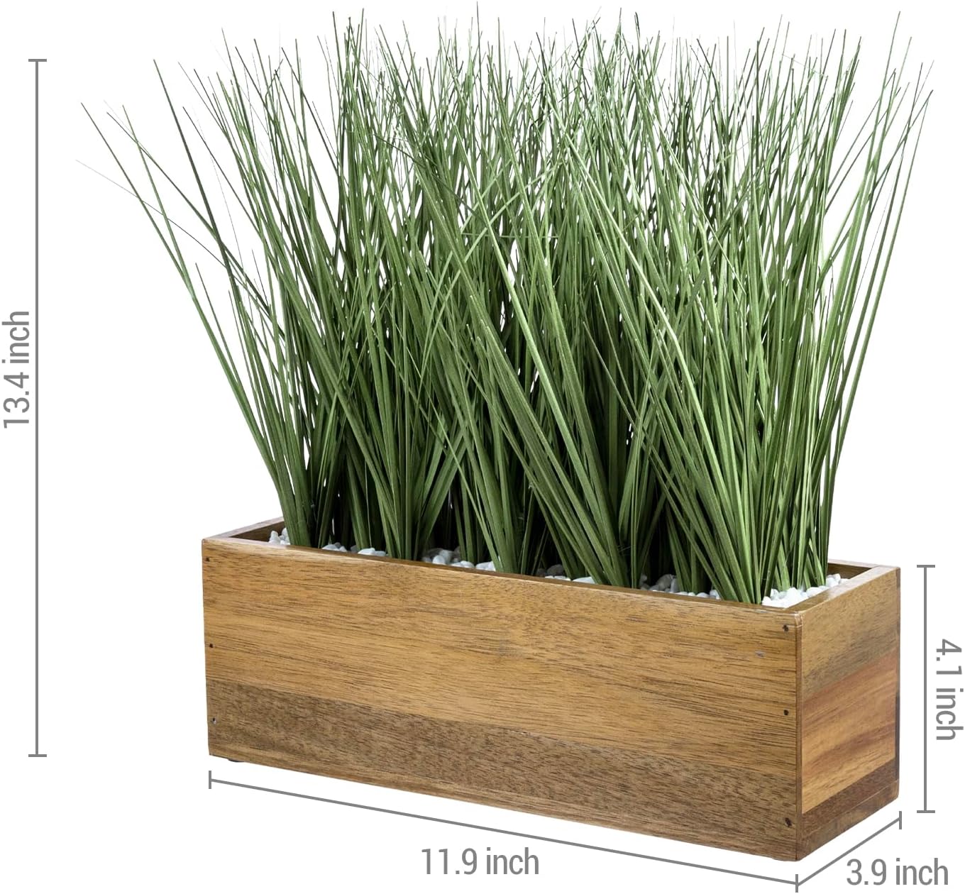 MyGift Artificial Grass Plants in Premium Acacia Solid Wood Planter Box, 12 Inch Decorative Wooden Container with Faux Greenery Plant, Indoor Table Decor