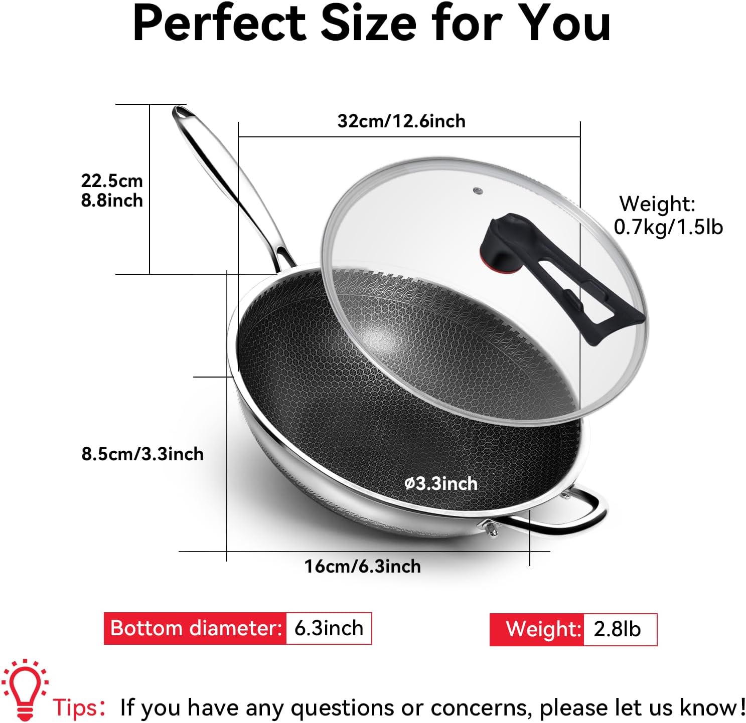 WANGYUANJI Honeycomb Stainless Steel Wok Pan with Lid, 12.6 Inch Hybrid Nonstick Stir Fry Pan Flat Bottom, PFOA-Free, Induction Compatible, Dishwasher Safe, No Seasoning Needed (Serves 3-4) - Image 9
