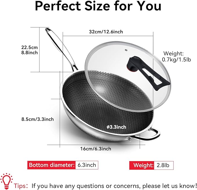 Wok de acero inoxidable con tapa, 12.6 pulgadas, apto para inducción miniatura 2