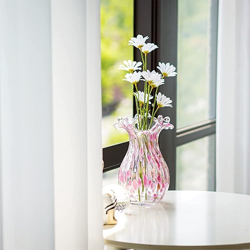 Miniatura 2 de Jarrón de vidrio soplado a mano, florero de arte moderno con pétalos rosados decorativos para decoración del hogar, 8.5 pulgadas de alto para sala