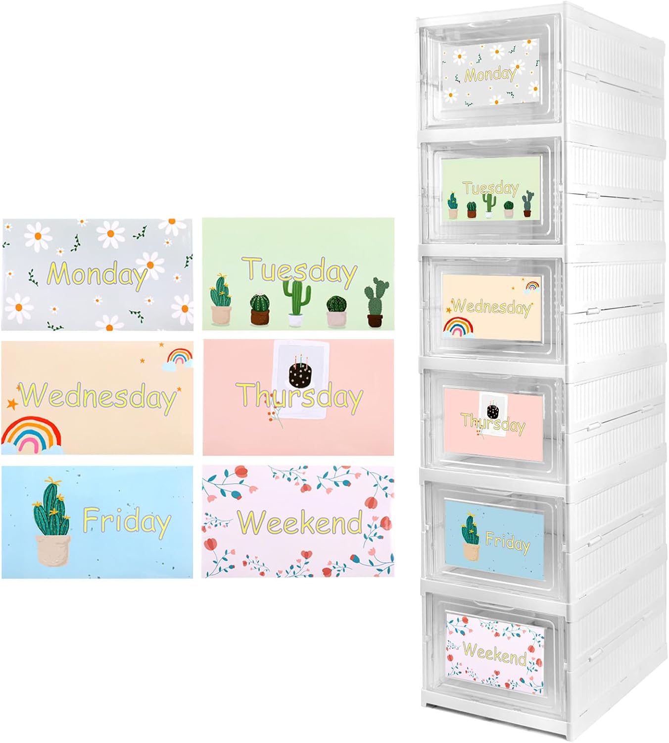 6 Shelf Weekly Clothes Organizer for Kids, Foldable Days of The Week Clothes Organizer with Door Hanging Closet Organizer Storage for Boys and Girls Monday Through Friday Essential Stuff (White)