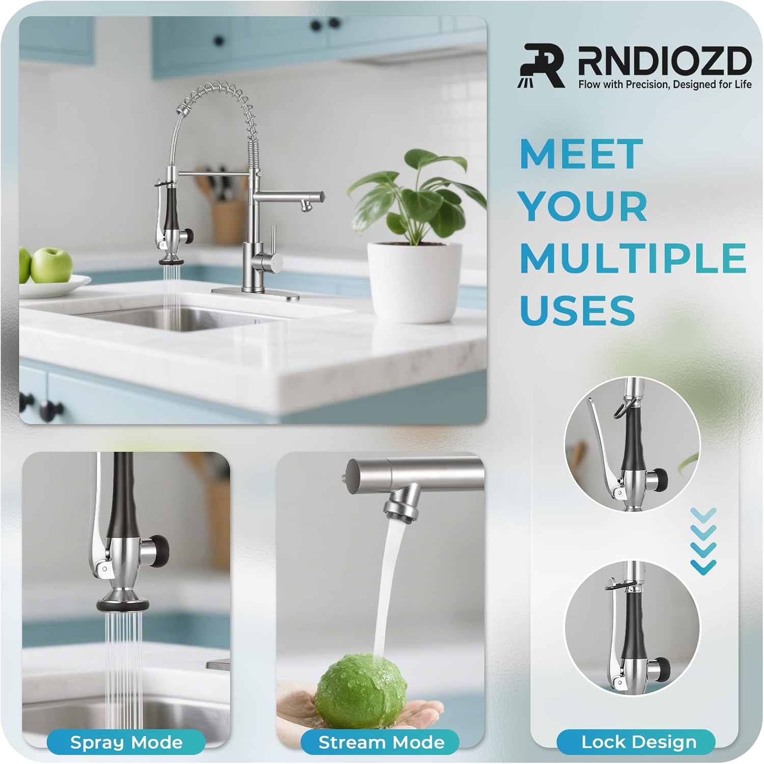 Kitchen Faucet with Pull Down Sprayer - Brushed Nickel Single Handle Commercial Kitchen Faucets, 2-Spout Stainless Steel Spring Pull Out Kitchen Sink Faucet 1/3 Hole with Deck Plate