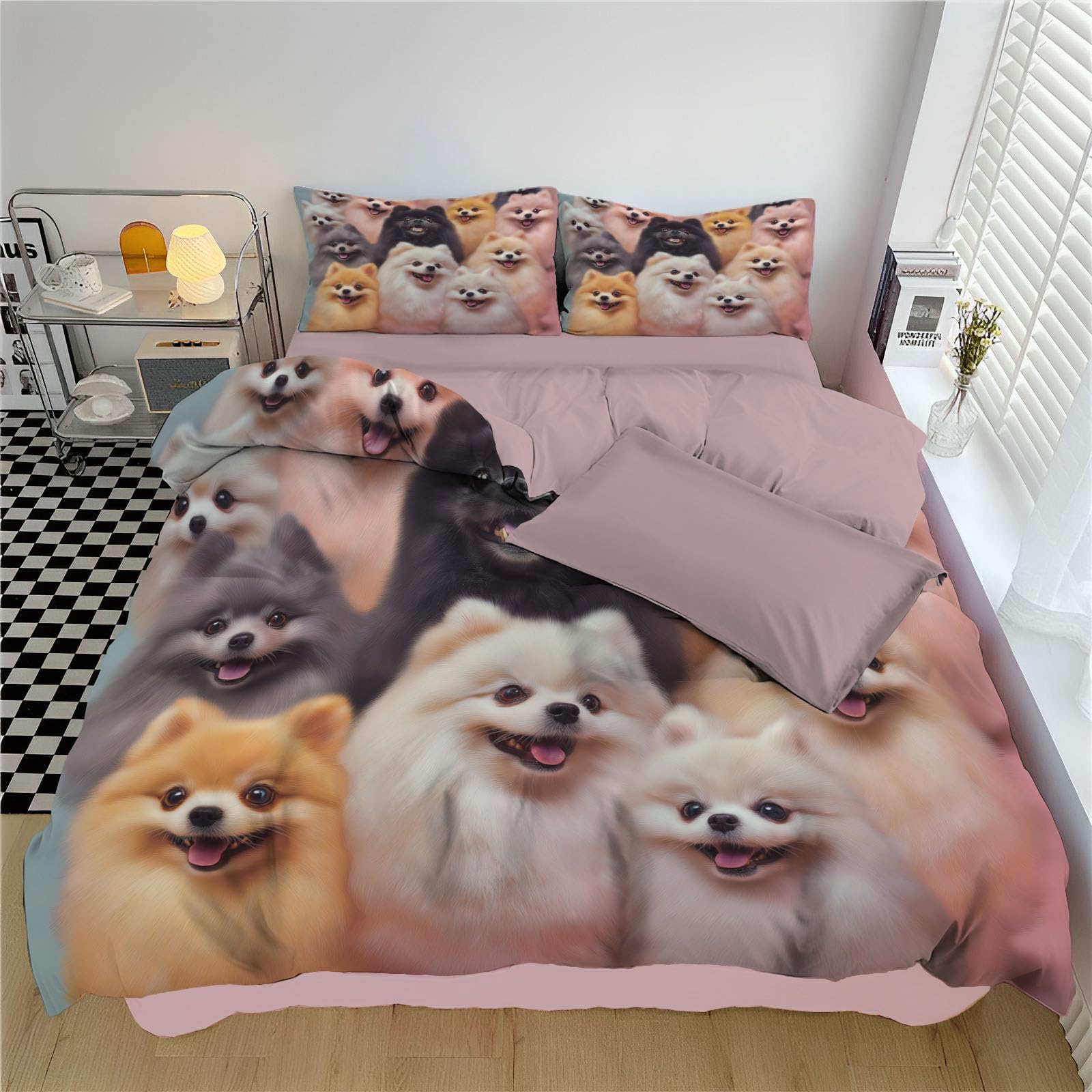 Housse de couette 140x200 cm avec taie 65x65 en microfibre zippée motif chien Poméranien