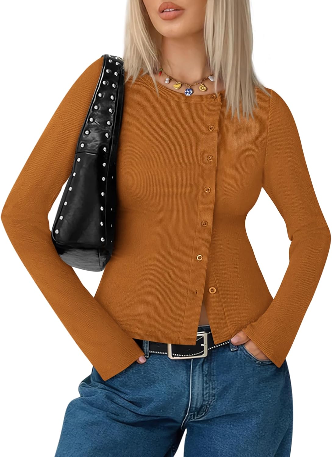 Cardigan Sweaters for Women 2026 Asymmetrical Button Up Long Sleeve Shirts Ribbed Crop Tops Spring Fashion Outfits - Image 2