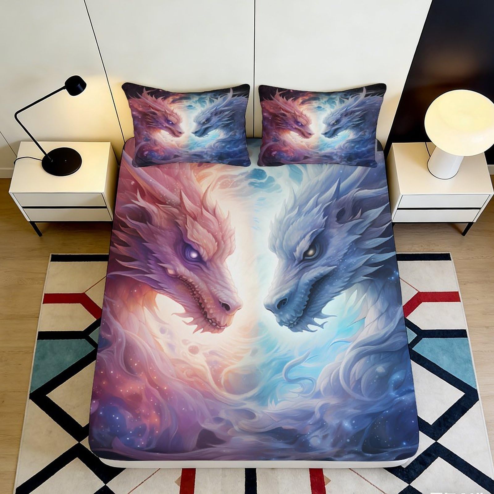 3D Printed Fire Ice Dragon Fitted Sheet Microfiber Soft Anti-Slip Mattress Cover for Bedroom Dorm Decorative 140x200x25cm