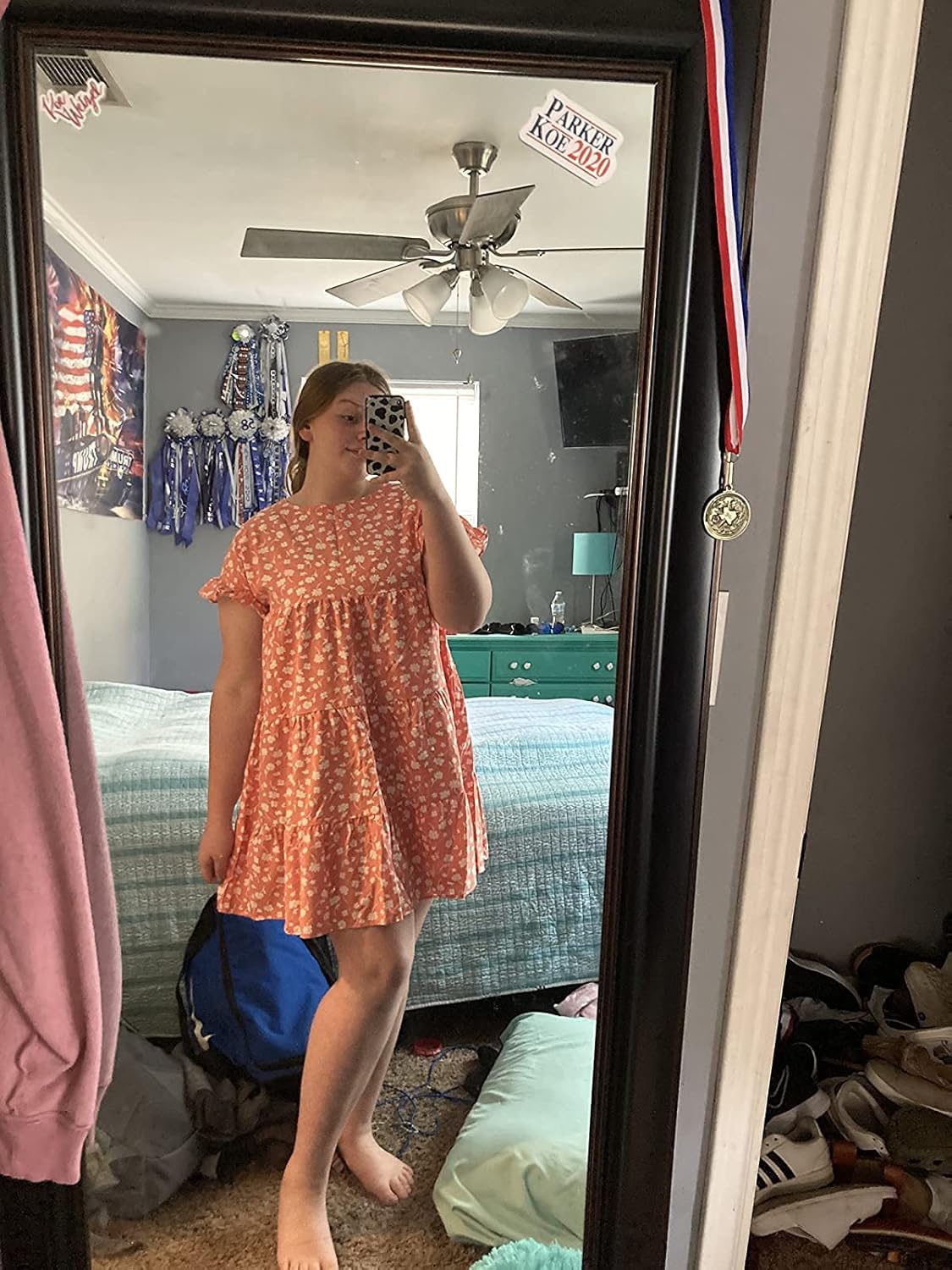 Imysty Womens Boho Floral Ruffle Sleeve Babydoll Loose Flowy Casual Summer Pleated Mini Dress - Image 2