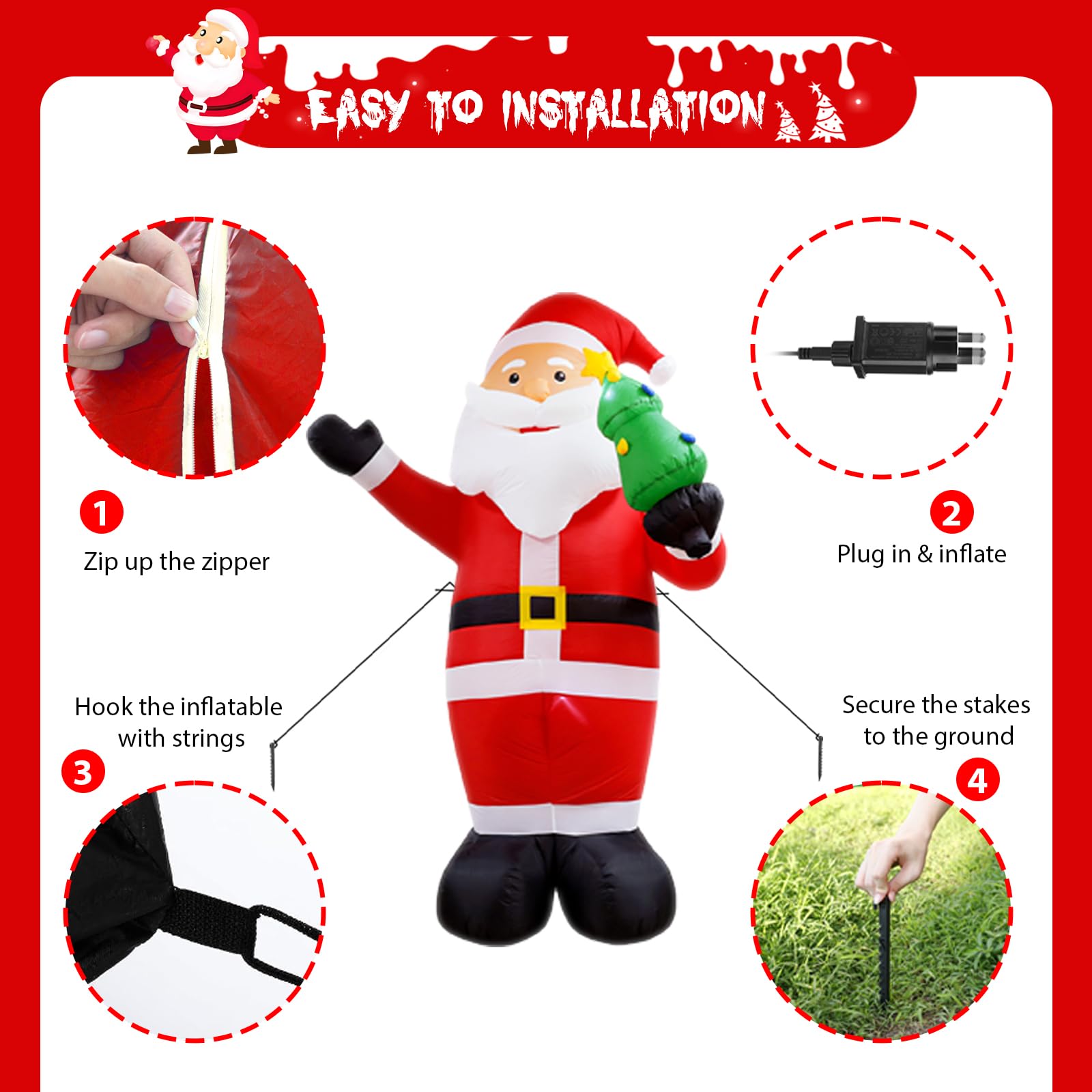 244CM/ 8FT Giant Inflatable Santa Claus, Outdoor Christmas Decorations with Bright LED Lights - Image 4