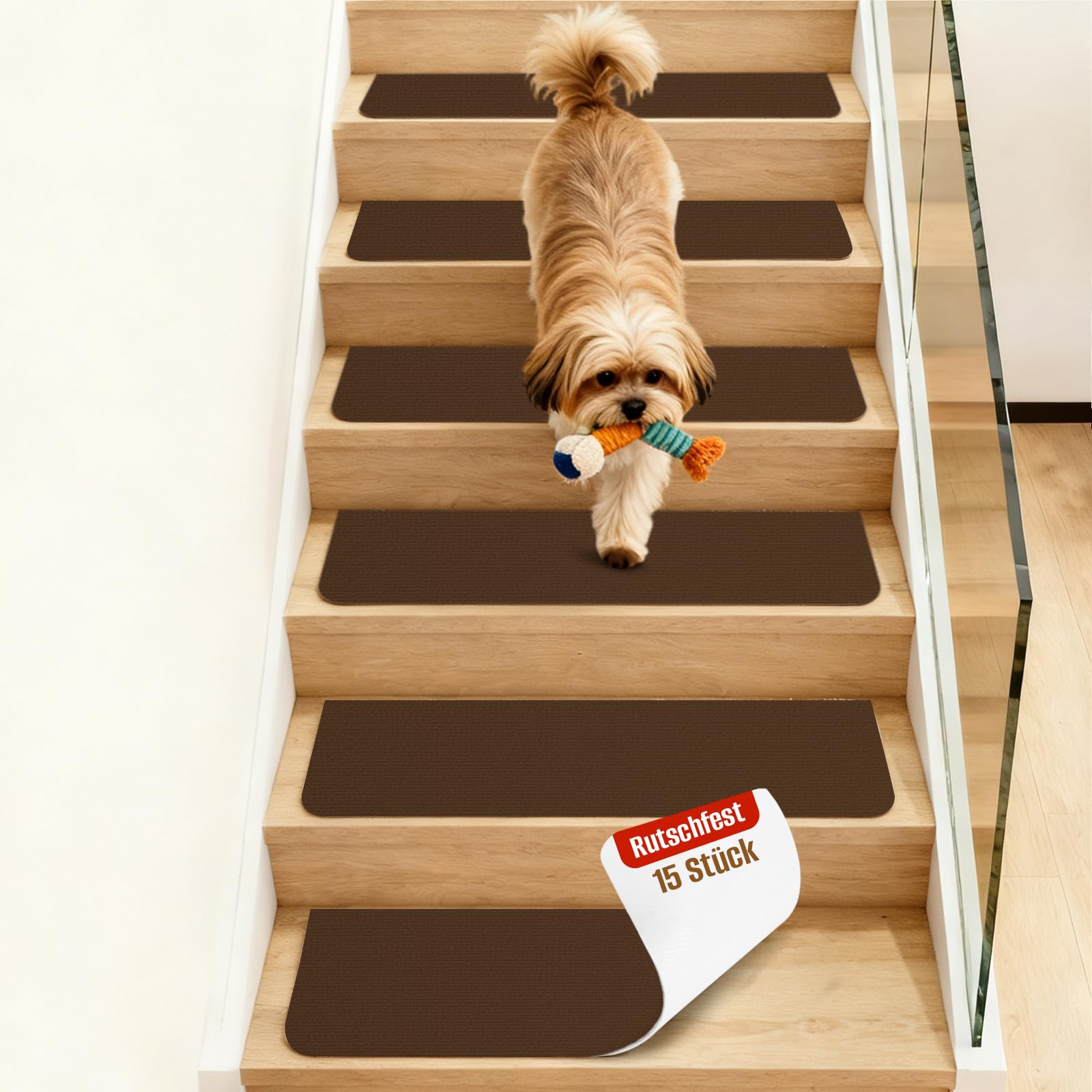 Stufenmatten Selbstklebend, Anti-Rutsch Treppen Teppich, 15 Stück Treppenstufen Matten, 76x20 cm Treppenschutzmatten für Innen, Ideal für Kinder, Senioren und Haustiere（Braun）