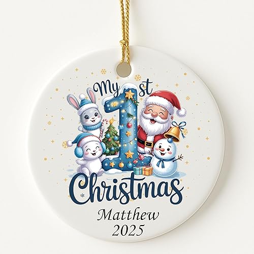 Adorno personalizado de mi primera Navidad 2025 Recuerdo redondo de cerámica con nombre personalizado Decoración de árbol de Navidad para bebés