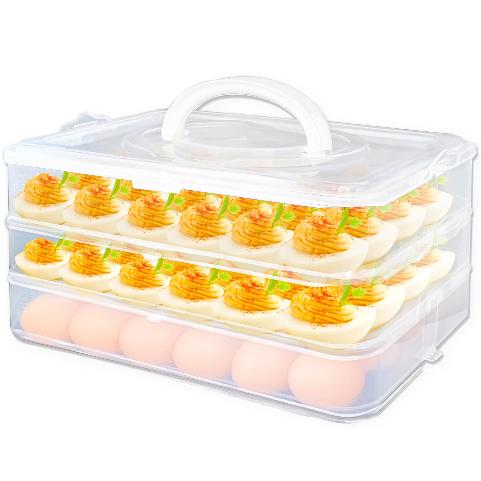 Jgalnim Bandejas de huevos rellenos de 3 capas con tapa, transportador de huevos de plástico para refrigerador con asa para 72 huevos, bandeja de almacenamiento transparente para huevos de diablo,