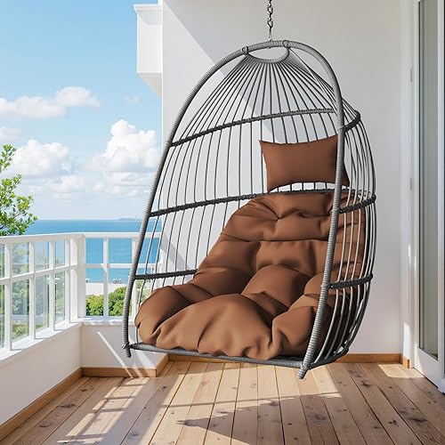 Hanging Egg Chair Without Stand, HDPE Rattan Foldable Swing Chair with Aluminum Frame & UV Resistant Cushion, Hammock Egg Basket for Indoor Outdoor Bedroom Garden, 350Lbs Capacity (Coffee)