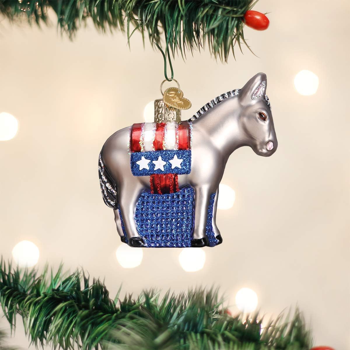 Old World Christmas Democratic Donkey Glass Blown Ornament for Christmas Tree, Handcrafted Holiday Decoration, Police Collection