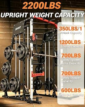 All in One Smith Machine Home Gym, 2200lbs Squat Rack with LAT-Pull Down System & Cable Crossover Machine, Training Equipment with Leg Press Attachment