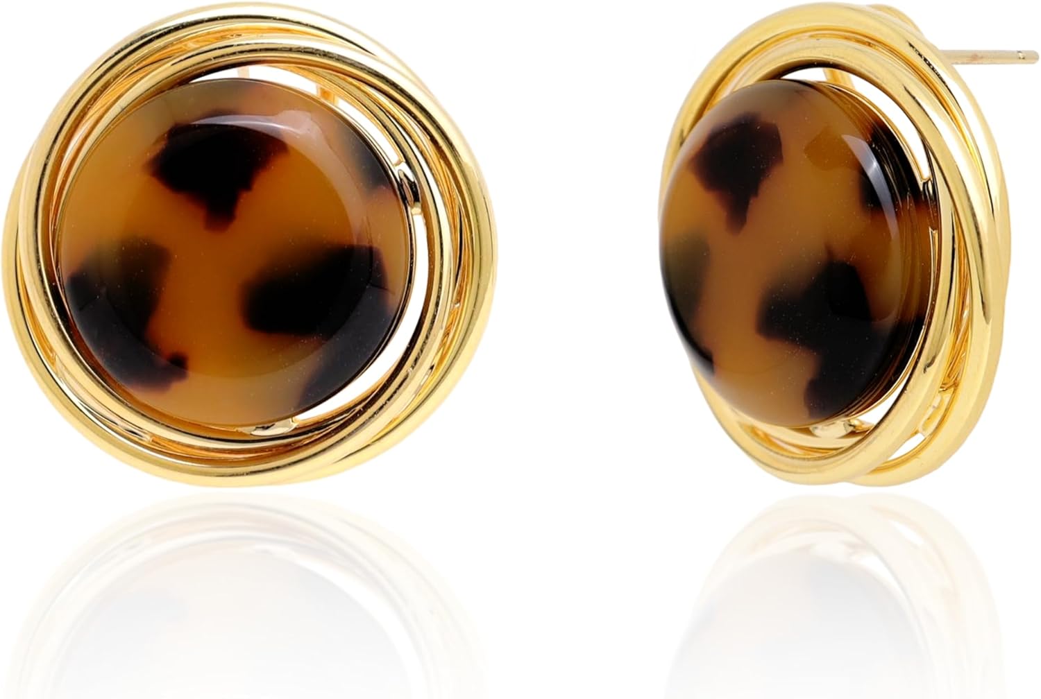 Jean Beau Gold Chunky Leopard Print Round Stud Earrings for Women, Trendy Brown Caramel Colored Circle Hypoallergenic Earing Jewelry Gift