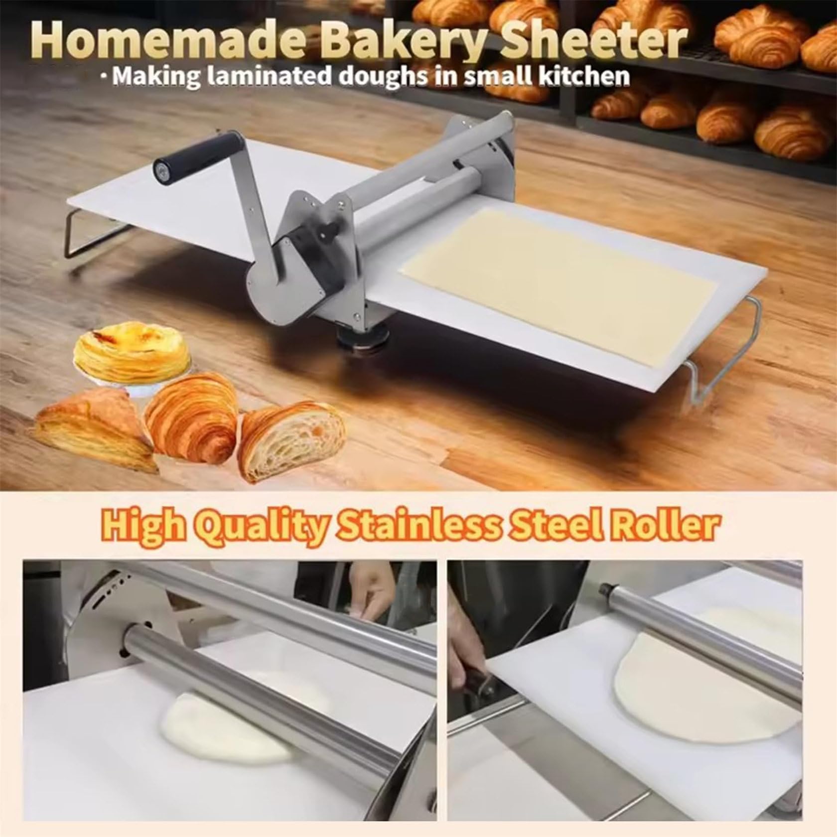 RENJJPBO 12 Inchfolding Dough Rolling Machine, Manual Pastry Dough Sheeter and Fondant Roller, Adjustable Thickness Foldable Commercial Bakery Equipment