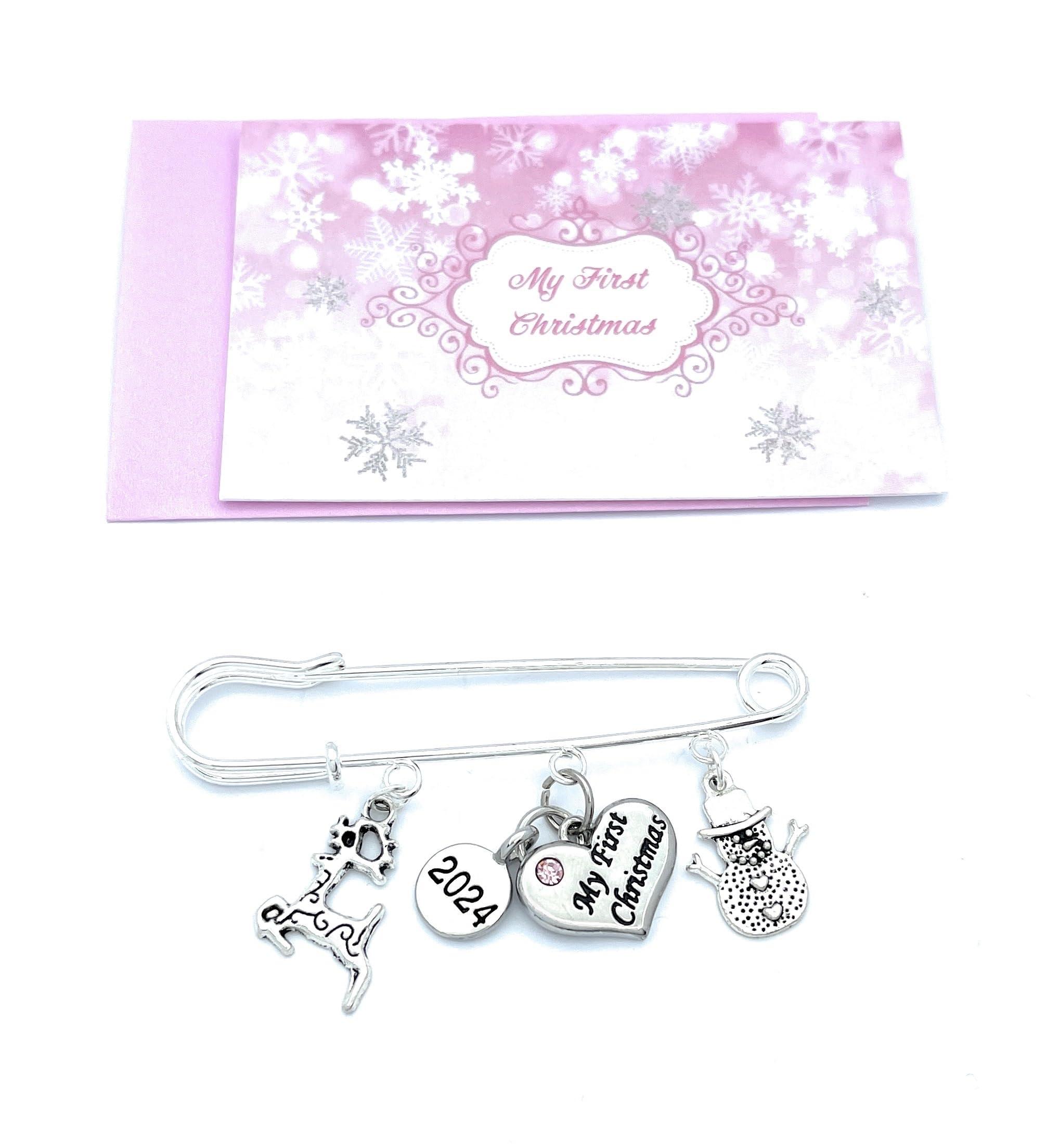 Baby Girl My First Christmas 2025 Baby Keepsake Charms with Pink Gift Bag and Gift Card - Reindeer and Snowman - Image 2
