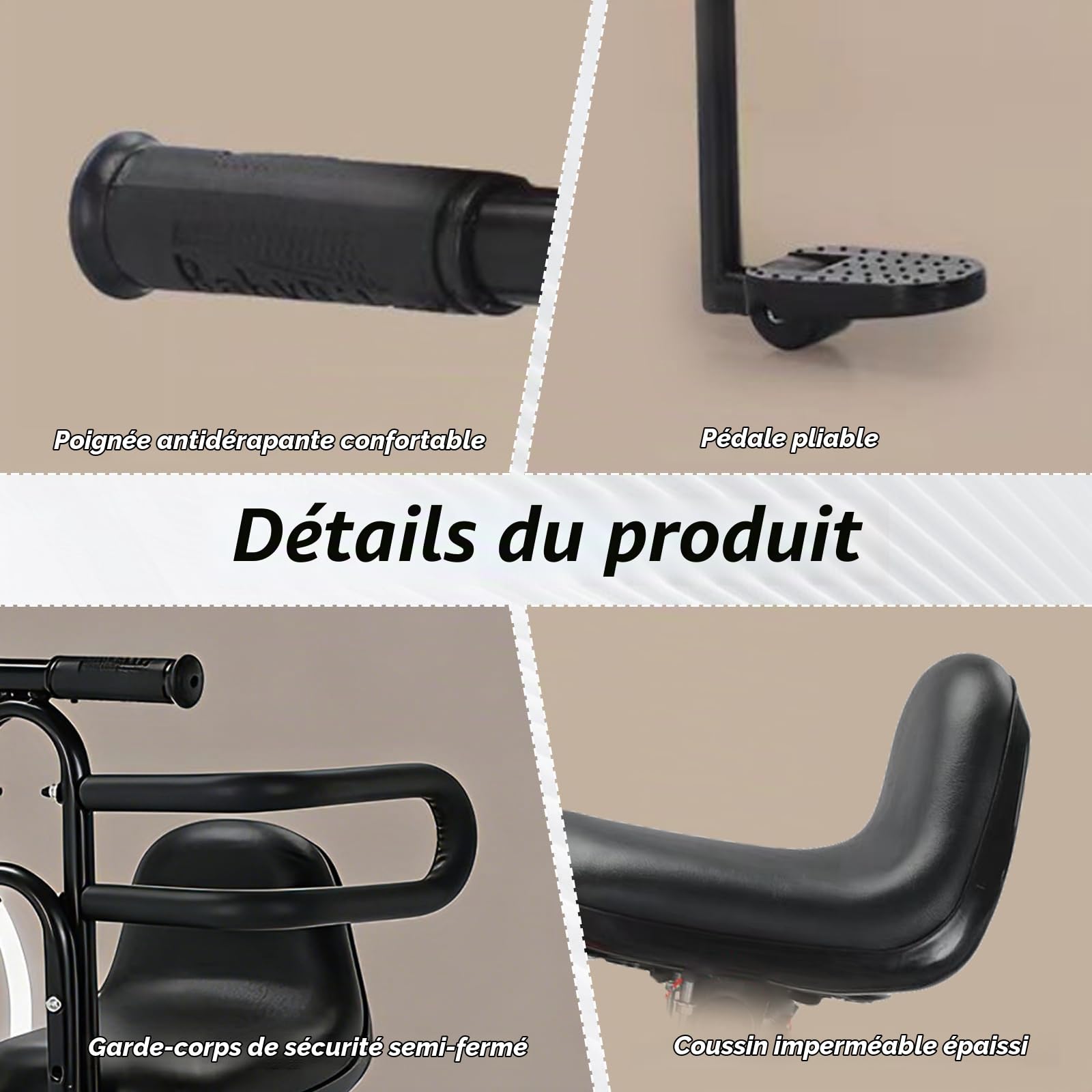 Siège de vélo avant pour enfant - Pour VTT et vélo de ville - Repose-pieds pliables - Barre de sécurité et siège rembourré - Pour 2 à 6 ans (jusqu'à 30 kg)