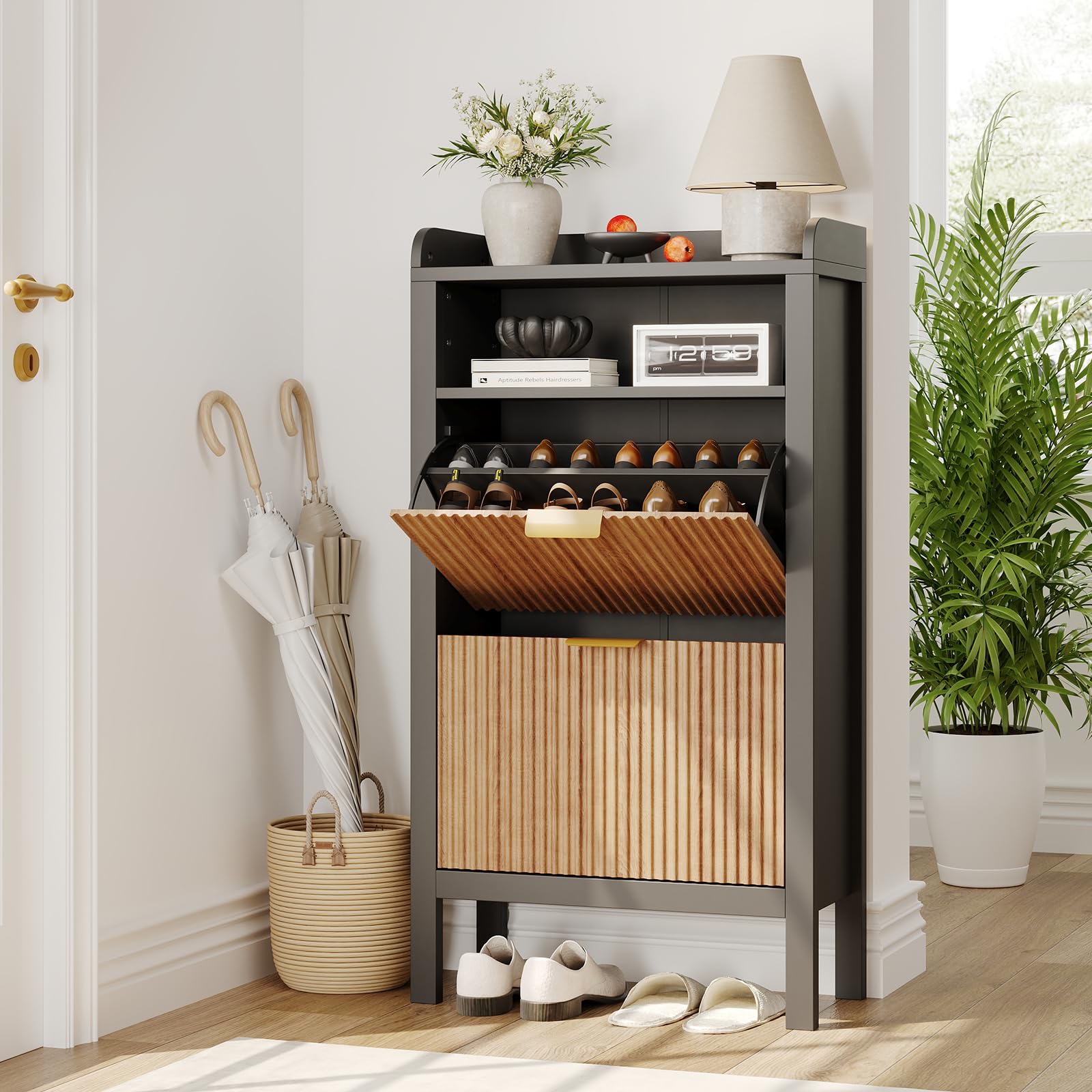 Garvee Schuhschrank mit 2 Klappschubladen, Schmaler, Geriffelter Schuhschrank mit Füßen, Freistehender, Versteckter Schuhschrank für Eingangsbereich, Flur, Wohnzimmer, Schlafzimmer