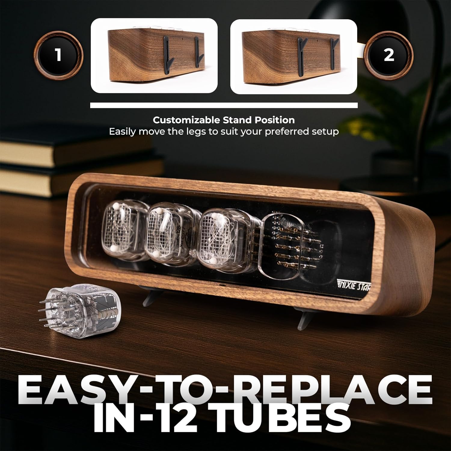 Real Handmade Nixie Tube Clock with Easy Replaceable IN-12 Nixie Tubes, Motion Temperature Humidity Sensors, Visual Effects, RGB LED Backlight, Alarm Clock, Idea (Walnut) (Walnut)