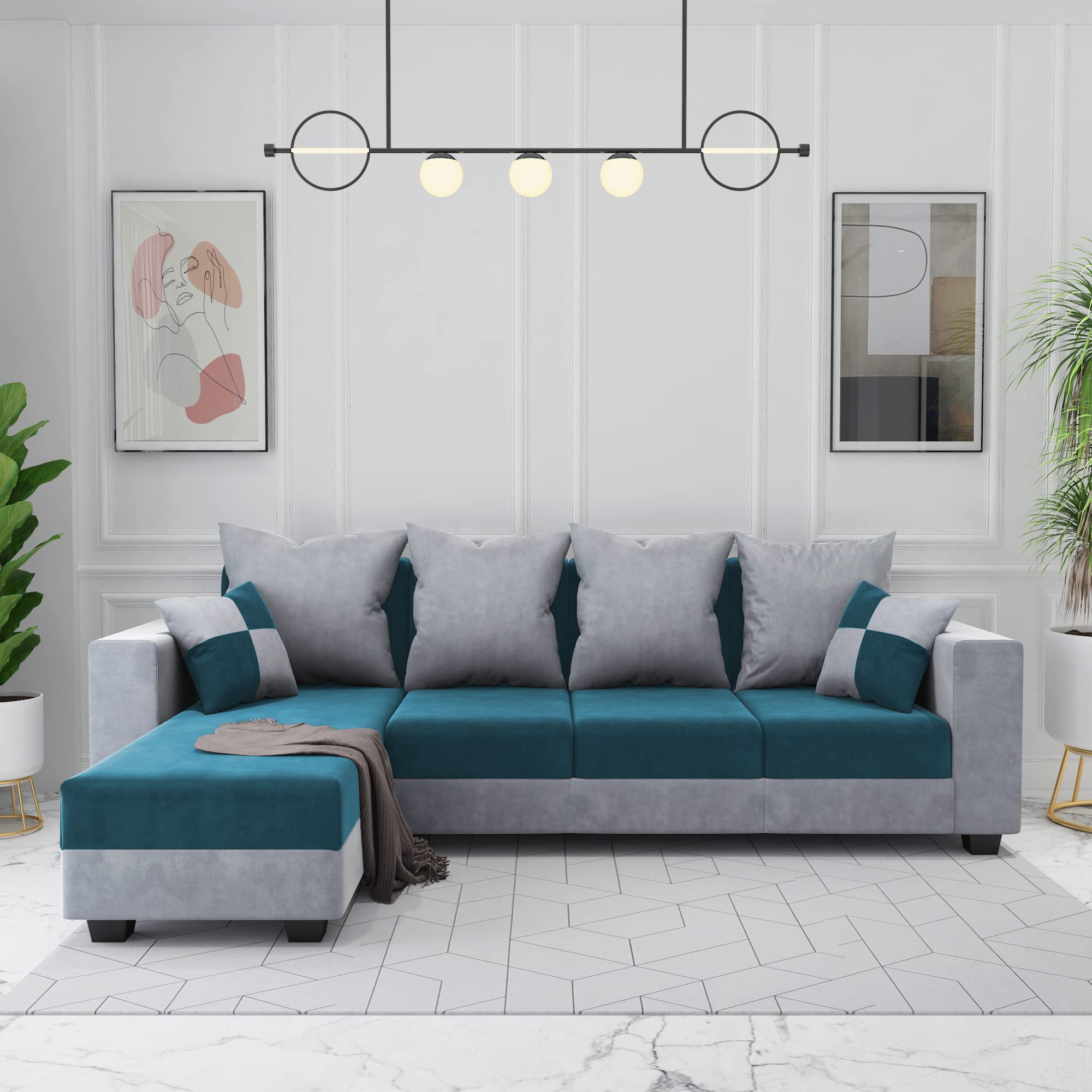PARTH DESIGNS Contemporary Upholstery & Velvet L-Shaped 5 Seater Sofa Set & Without Cushions, Hippie Blue & Grey