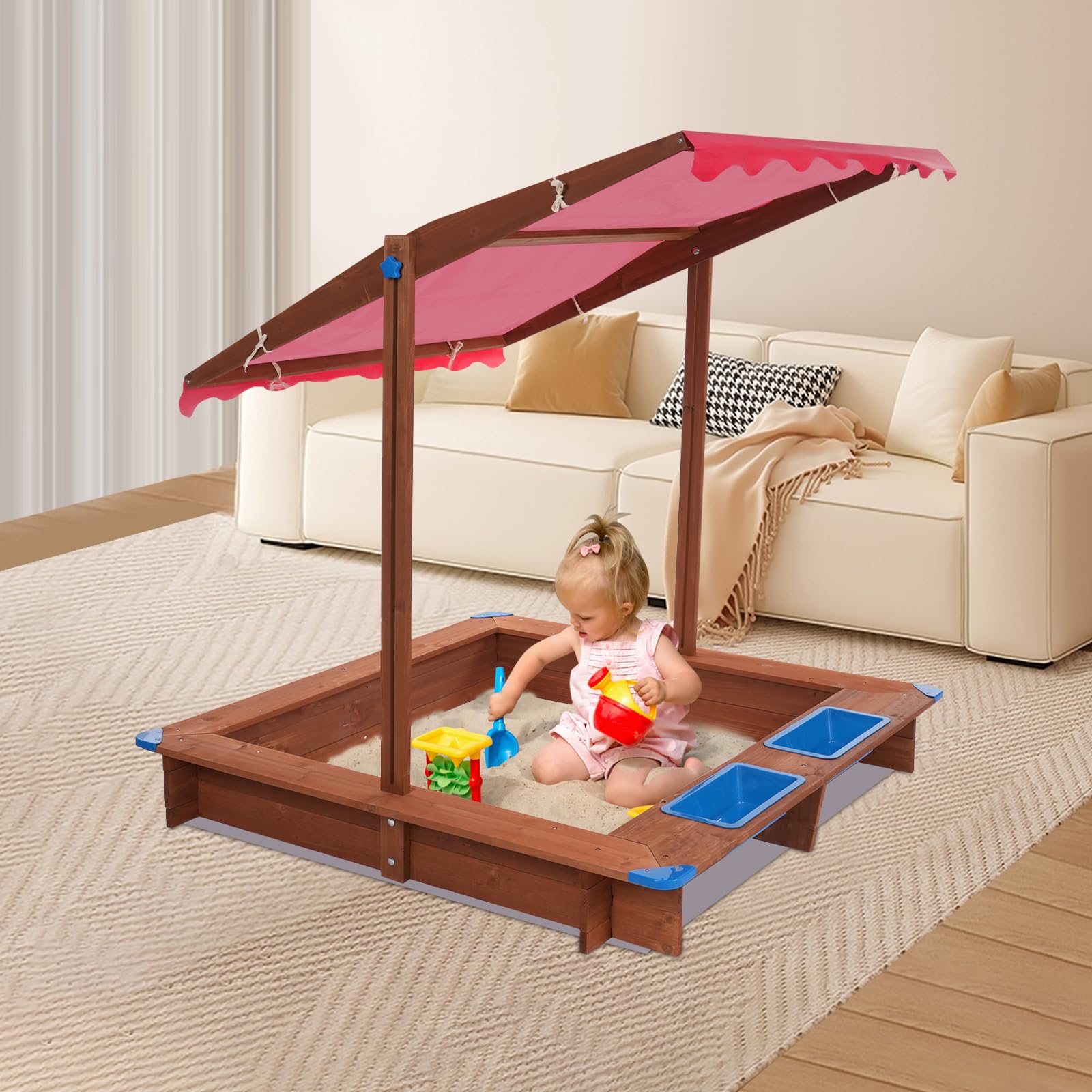 Sabbiera con tetto, 121 x 126 cm, in legno, girevole e regolabile in altezza, protezione sandbox con cucina fangosa, scatola di sabbia inclusa in tessuto non tessuto contro erbacce e parassiti,