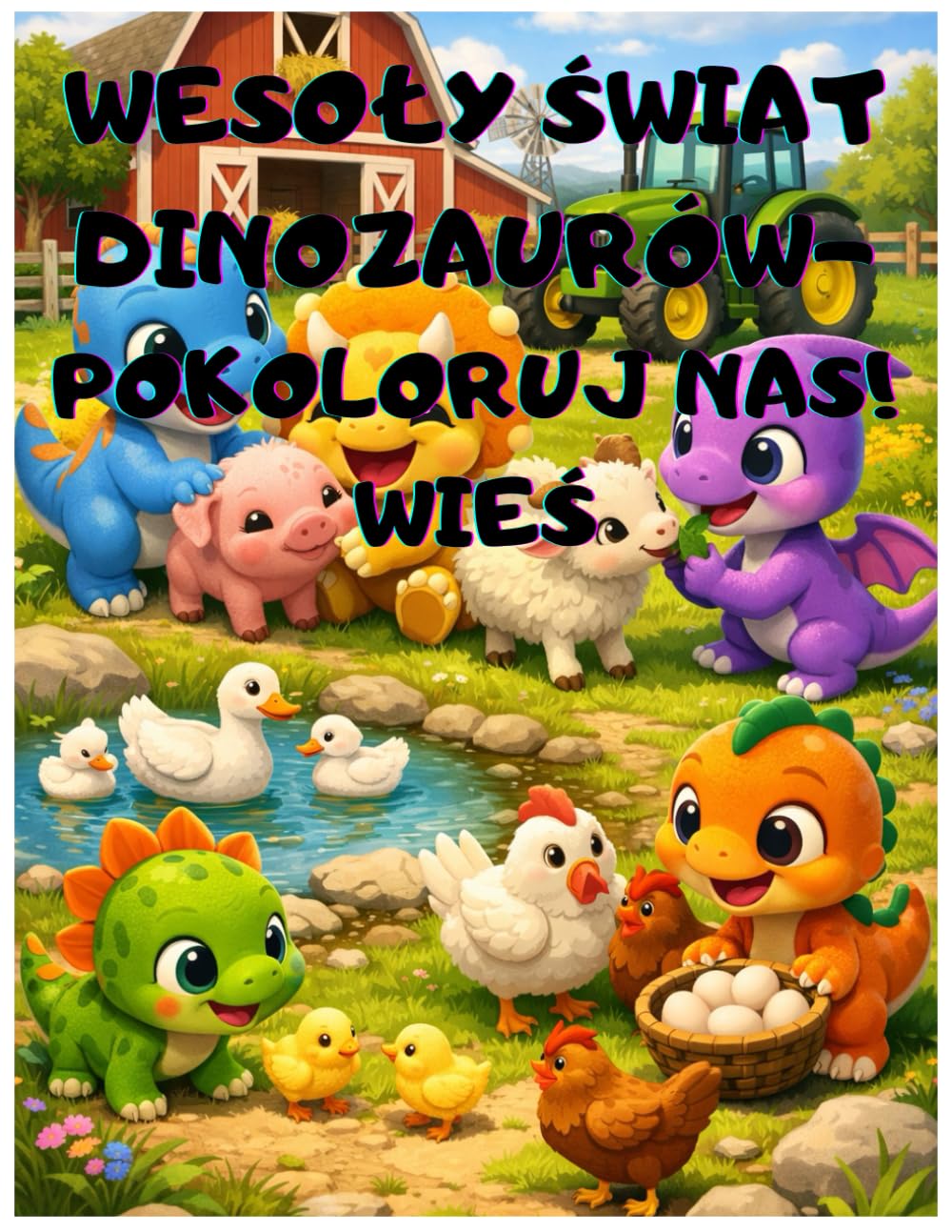 WESOŁY ŚWIAT DINOZAURÓW- POKOLORUJ NAS-WIEŚ. DINO-ZABAWA NA FARMIE DLA MAŁYCH ARTYSTÓW 4-8 LAT, DUŻE I PROSTE OBRAZKI: PRZYJAZNE DINOZAURY, ZWIERZĘTA ... WYOBRAŹNIĘ I MOTORYKĘ ZABAWA I NAUKA
