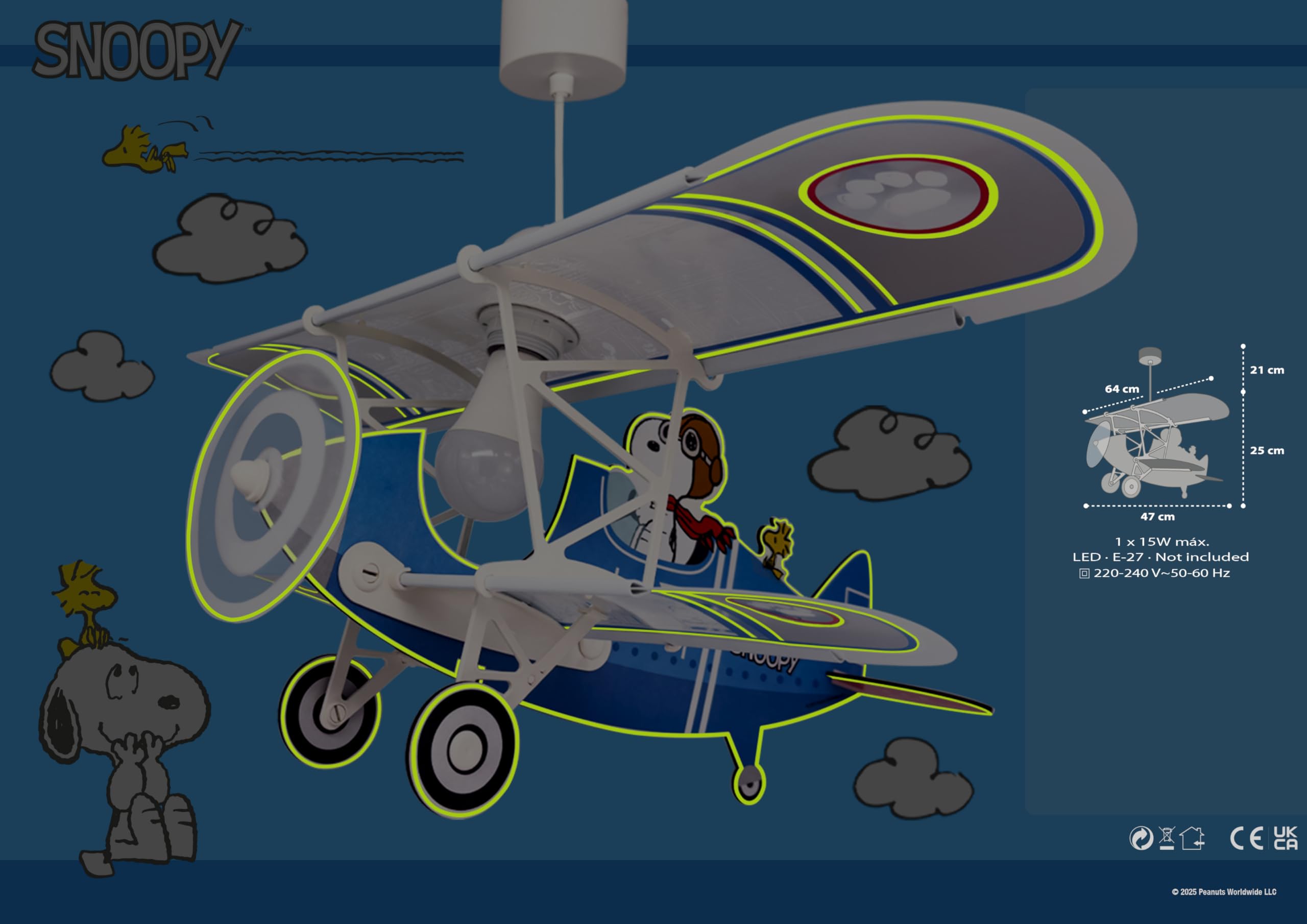 Dalber Lampe kinderzimmer, kinderlampe Pendelleuchte Hängelampe, Deckenleuchte Kinder, Deckenlampe kinderzimmer Flugzeug Snoopy, Deckenlampe Kinderzimmer, 54302, E27 15W LED, Blau | Hängelampe; Deckenleuchte; Kinderzimmer; E27 - 1 x 15W
