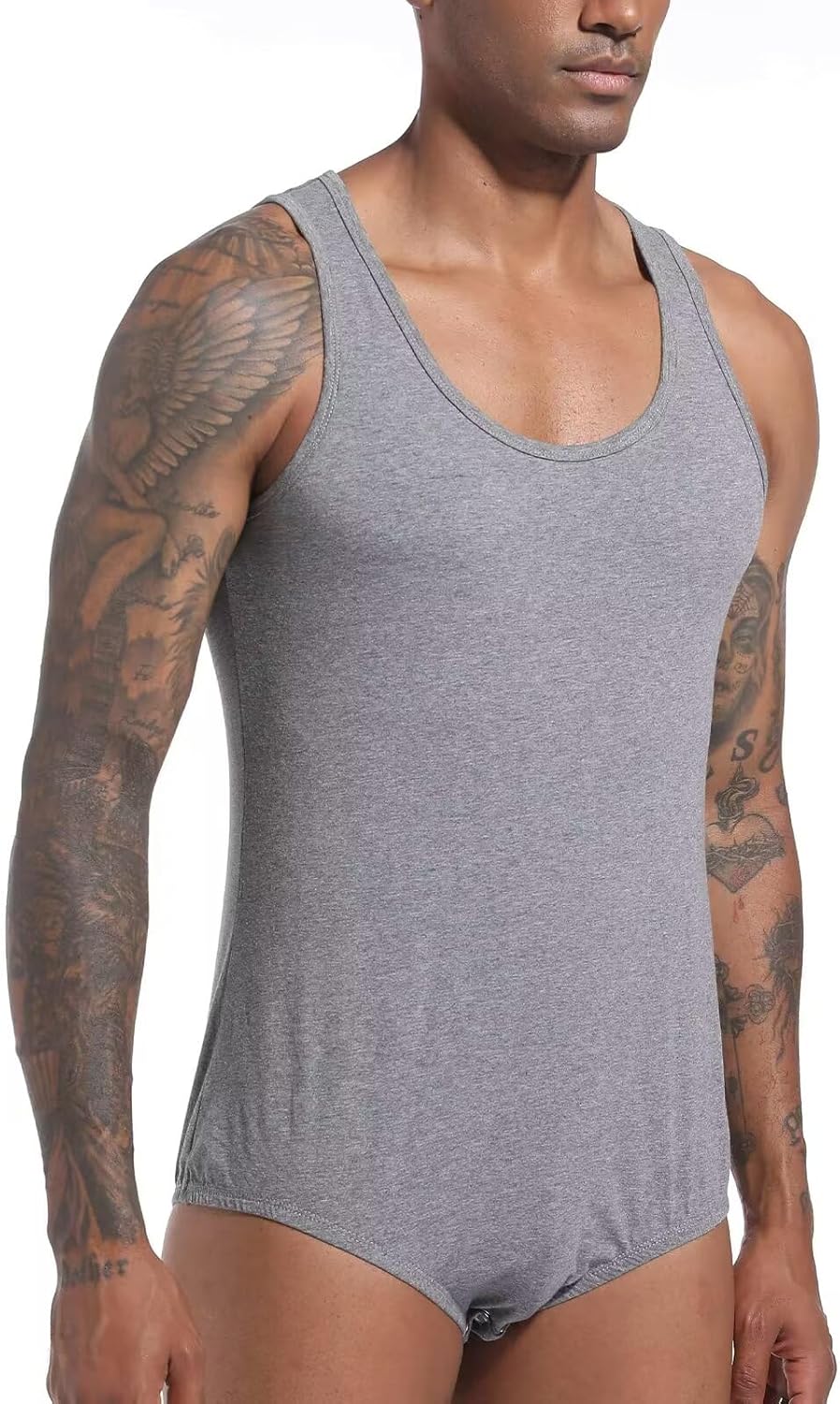 Landofgenie Mens Cotton Sleeveless Bodysuit Solid One-Piece Pajama Rompers for Men - Image 5