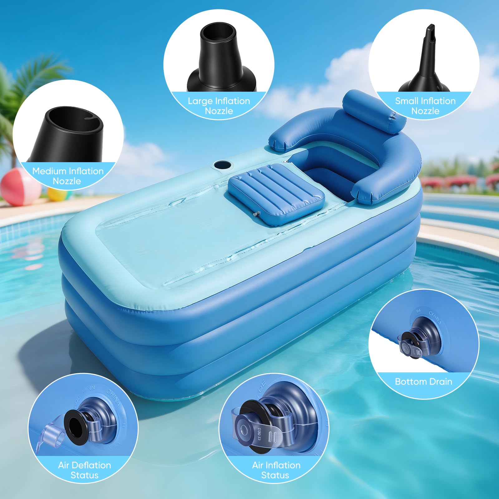 Vasca Bagno Gonfiabile, XL 160x84x74Cm Vasca Bagno Portatile Pieghevole asca Bagno Mobile Pieghevole Per Adulti Con Cuscino Supporto Per Schiena Include Portabevande Per Spa Ghiaccio Campeggio