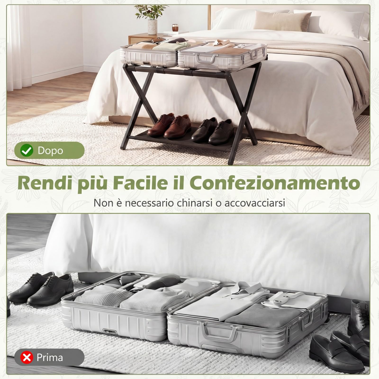 COSTWAY 2 Pz Portavaligia Pieghevole in Bamboo con Cinghie, Tessuto Oxford, Portata 65 kg, Nero