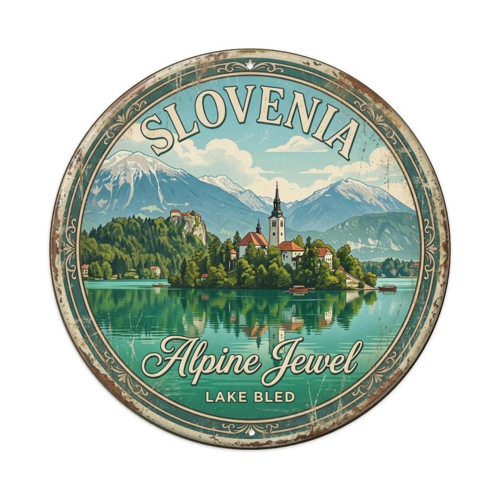 Vintage Travel Bled Alpine Lake Metal Tin Sign Plaque Wall Decor for Cafe, Club Bar, Office, Home Garden Round Metal Poster 8x8Inch