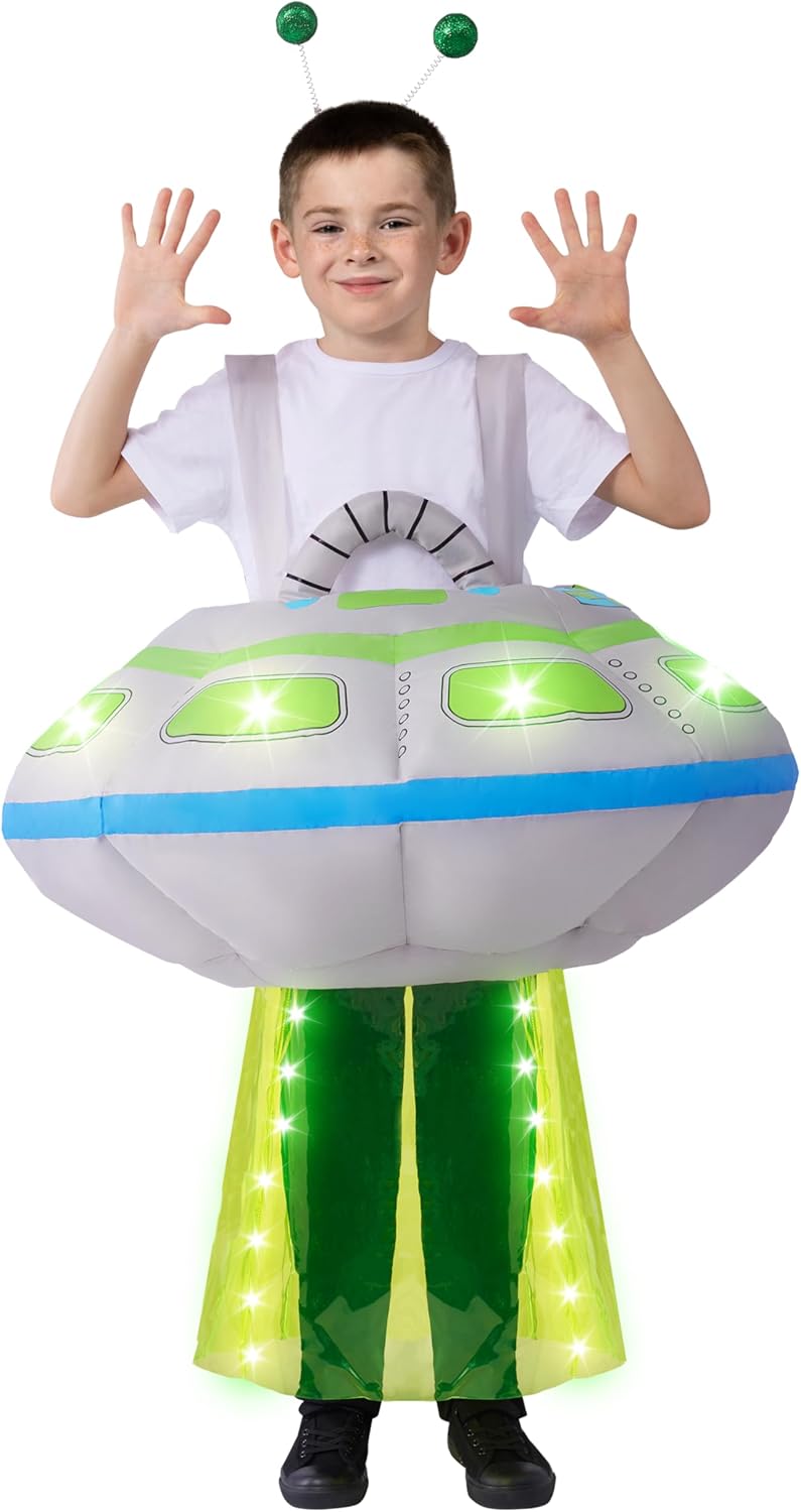 size child (7-10Spooktacular Creations Kids Inflatable Costumes, Light-Up Spaceship Halloween Inflatable Costume with Long Tentacles Headband, Blow-up Costumes for Halloween Cosplay Party, Themed Party
