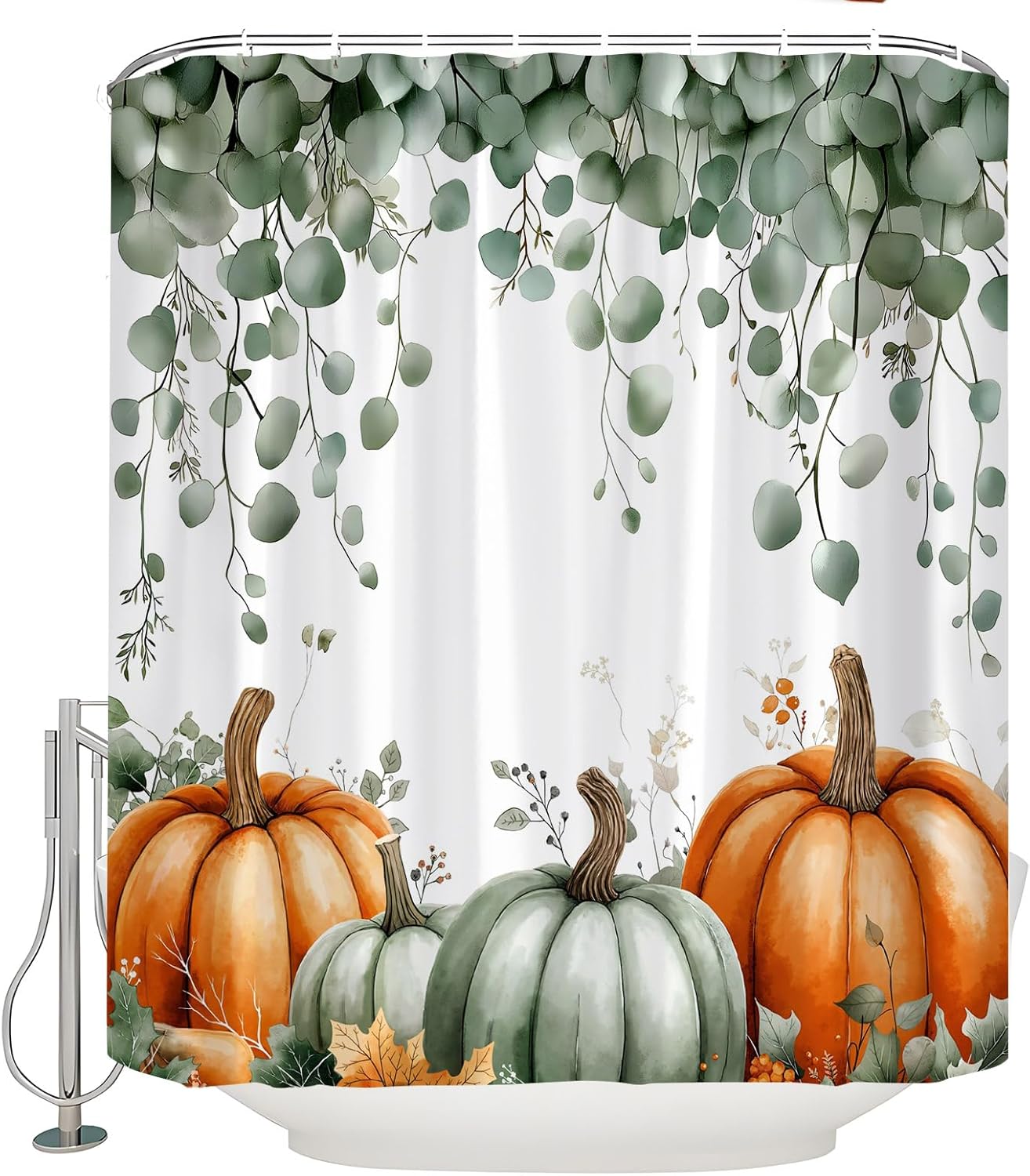 Fall Pumpkin Shower Curtain Sage Green Eucalyptus Leaves Watercolor Autumn Orange Harvest Thanksgiving Farmhouse Bath Decor Curtain with Hooks, 70x78 Inch