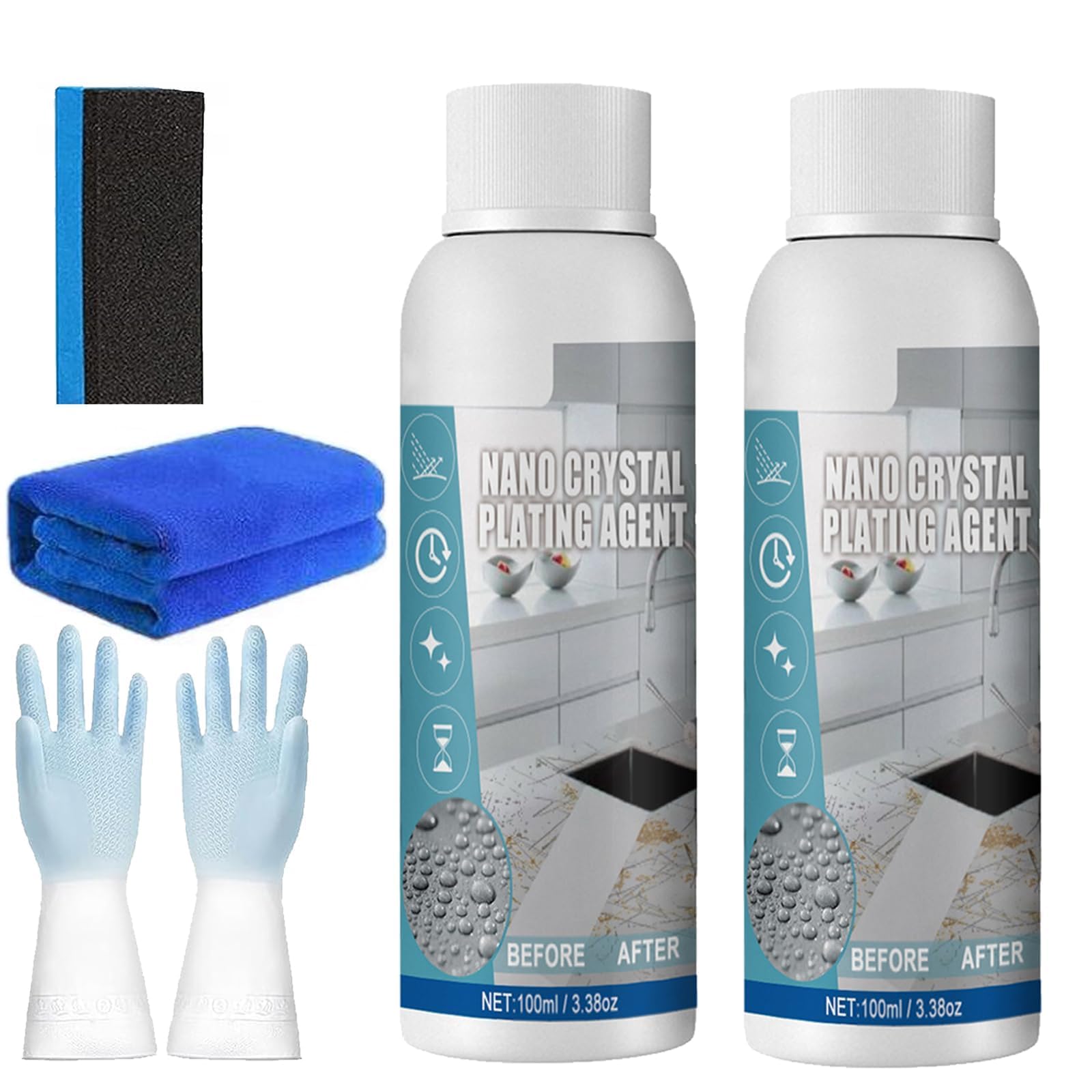 Stone Polishing Care Agent, 2 Pcs Stone Nano Crystal Plating Agent with Gloves, Towel and Scouring Pad, Carnauba Wax Countertop Cleaner for Marble Furniture, Ceramic Tiles, Stone Floor, Quartz