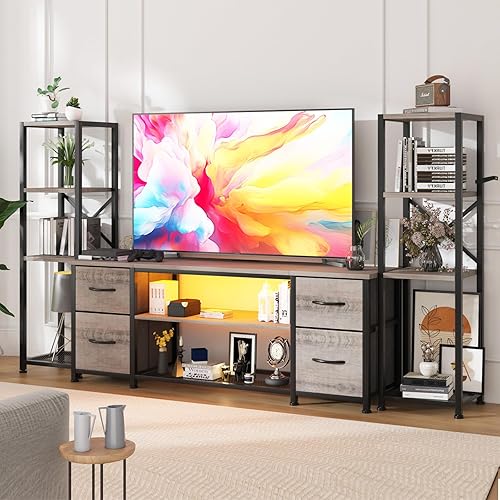 Miniatura 8 de Soporte de TV LED de 60 pulgadas para sala de estar con estación de carga, centro de entretenimiento con 2 estanterías industriales, gabinete