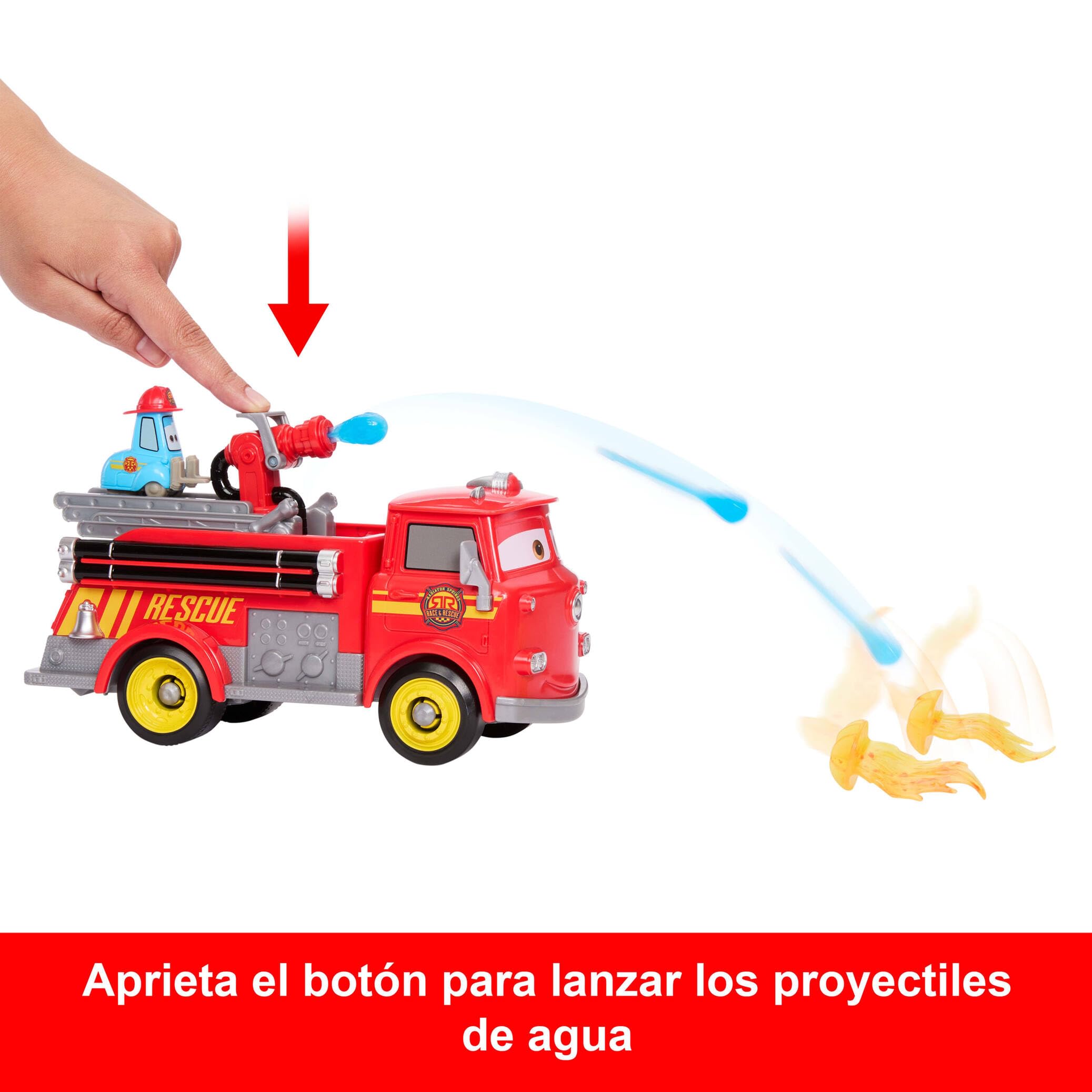 Mattel Disney Pixar Cars Rescate a toda máquina en Radiador Springs Camión de bomberos de juguete Rojo y Guido, 2 dianas de plástico en forma de fuego y 2 proyectiles de agua, JFL54