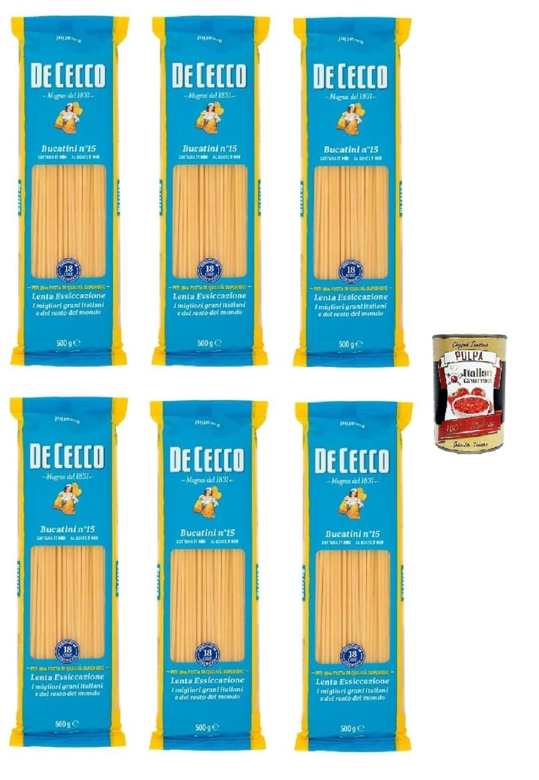 De Cecco Bucatini n°15, pasta 6 x 500 g, secado lento, sémola de trigo duro de calidad superior, cocción 11 min (al diente 9), ideal all'Amatriciana & cacio e pepe + italian Gourmet polpa 400 g