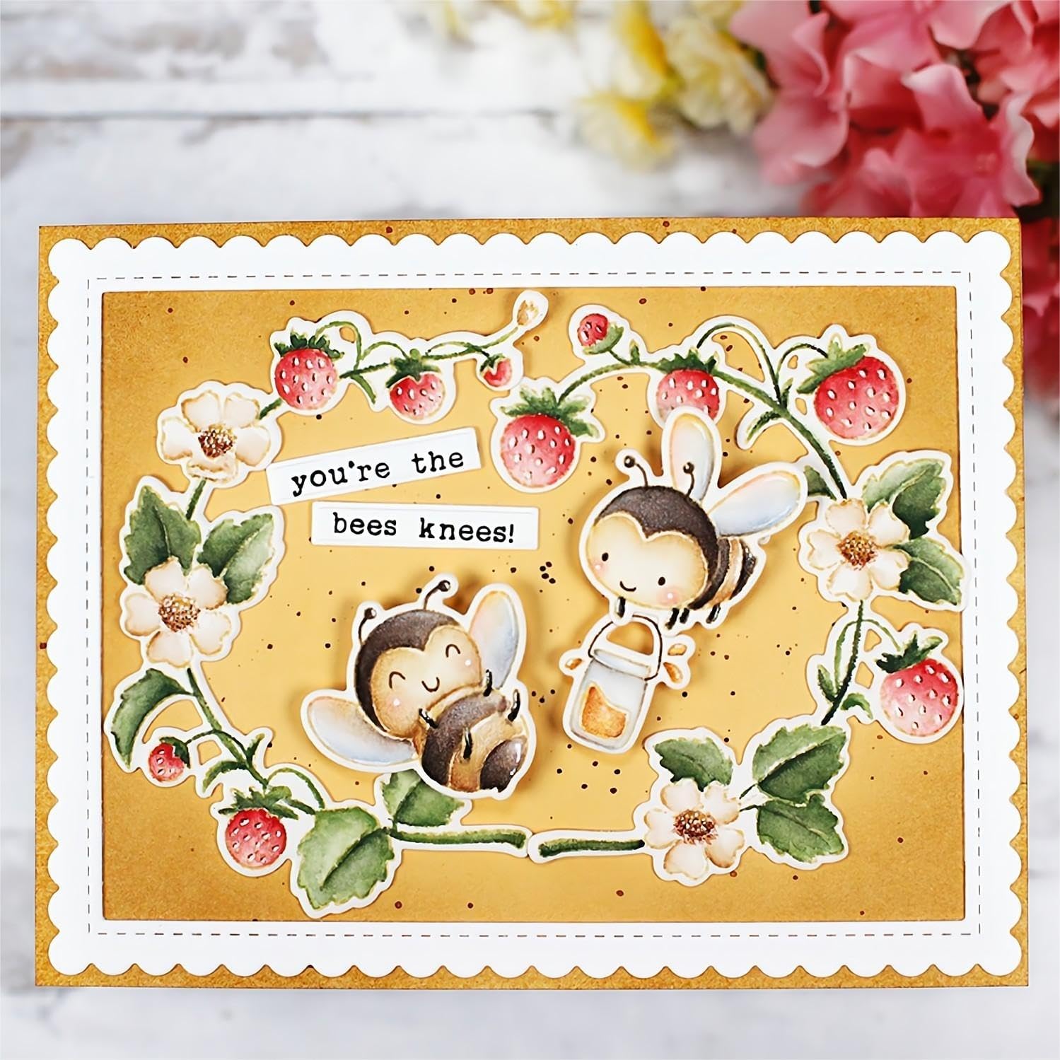 Bees and Strawberries and Sunflowers Stamps and Dies Set for Card Making,Clear Stamps and Metal Cutting Dies Sets for Scrapbooking DIY Album Card Making Supplies